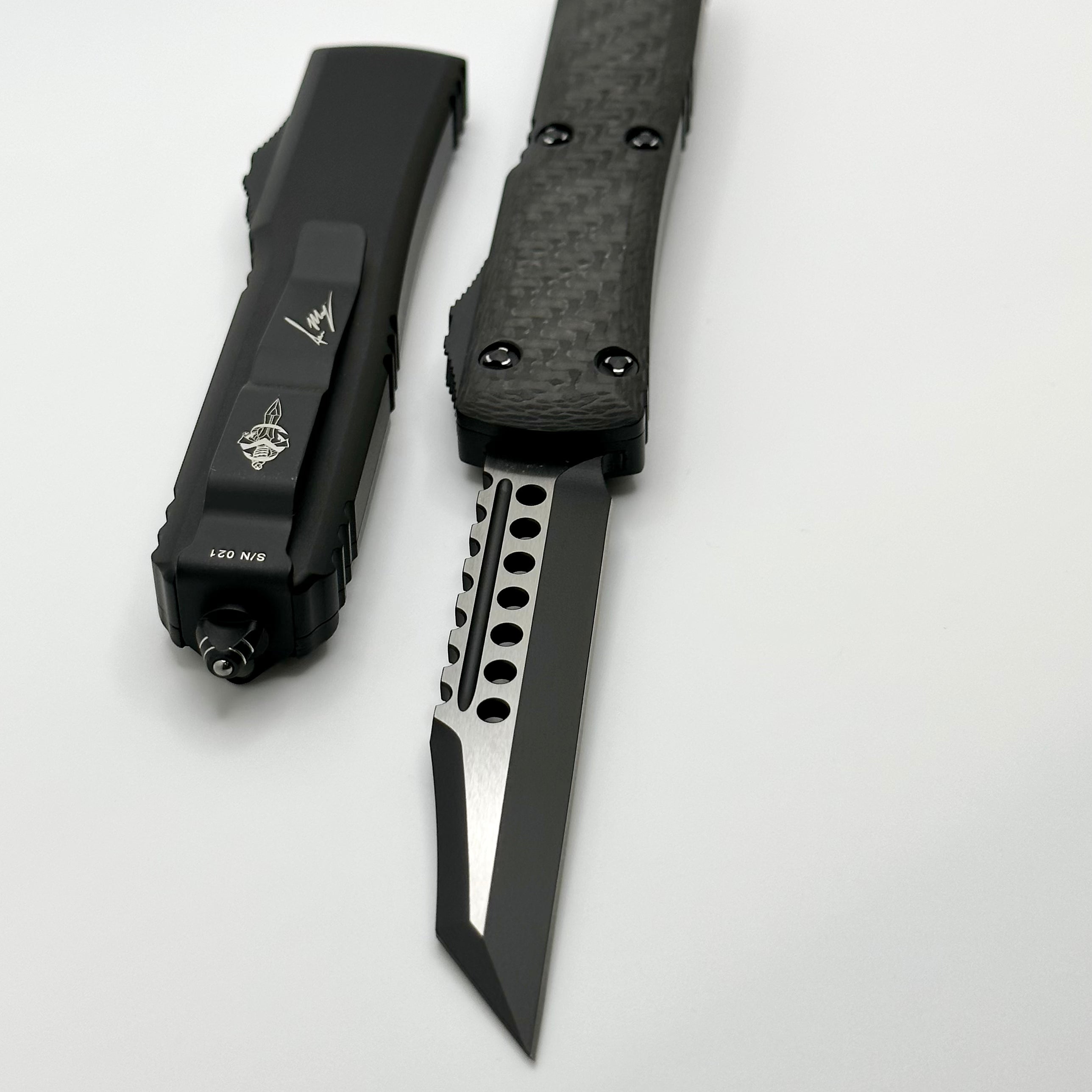 Premium Microtech Ultratech Warhound Tactical OTF Knife with Carbon Fiber & Ringed Hardware