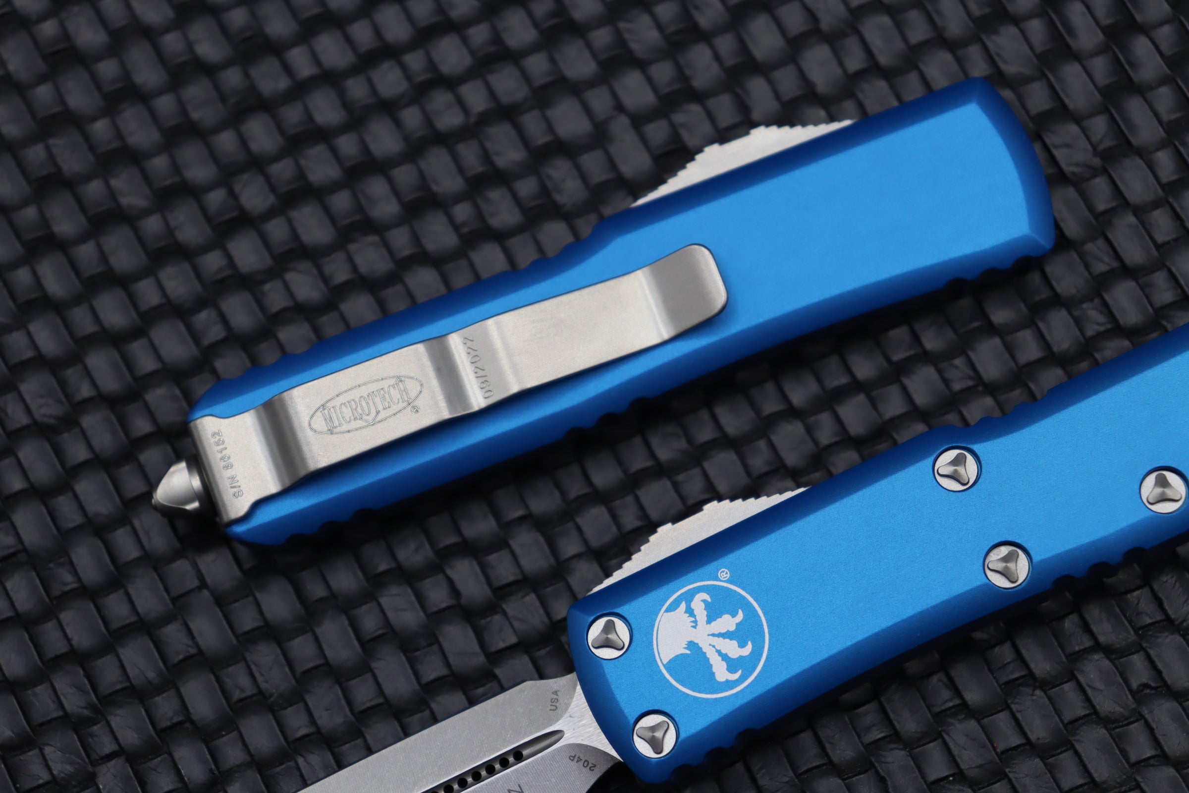 Microtech UTX-85 Spartan Stonewash EDC Knife - Premium M390 Blade & Blue Aluminum Handle