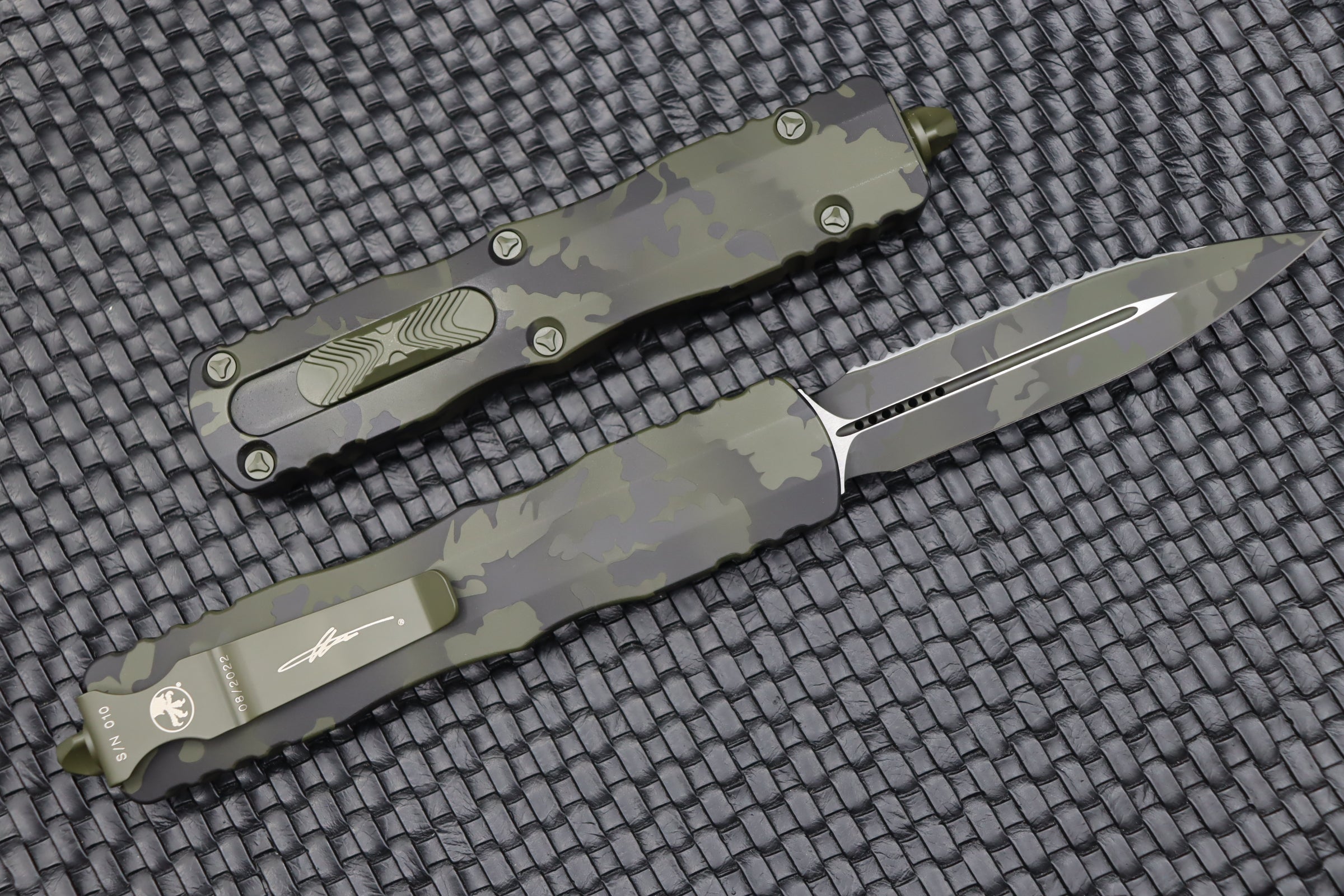 Microtech Dirac Delta Olive Camo Double Edge Fully Serrated Tactical Knife