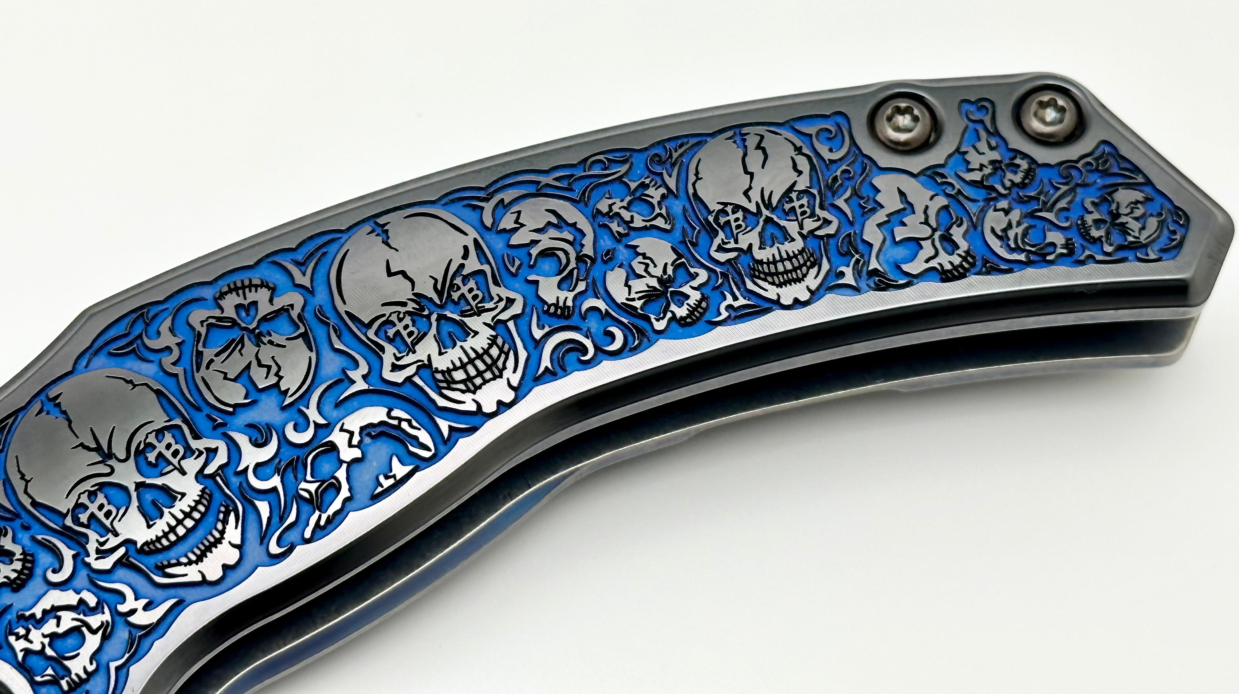 Borka Blades Mike Bond Shylock: Premium Blue/Black Hula Skulls & Guru Compound Grind Knife