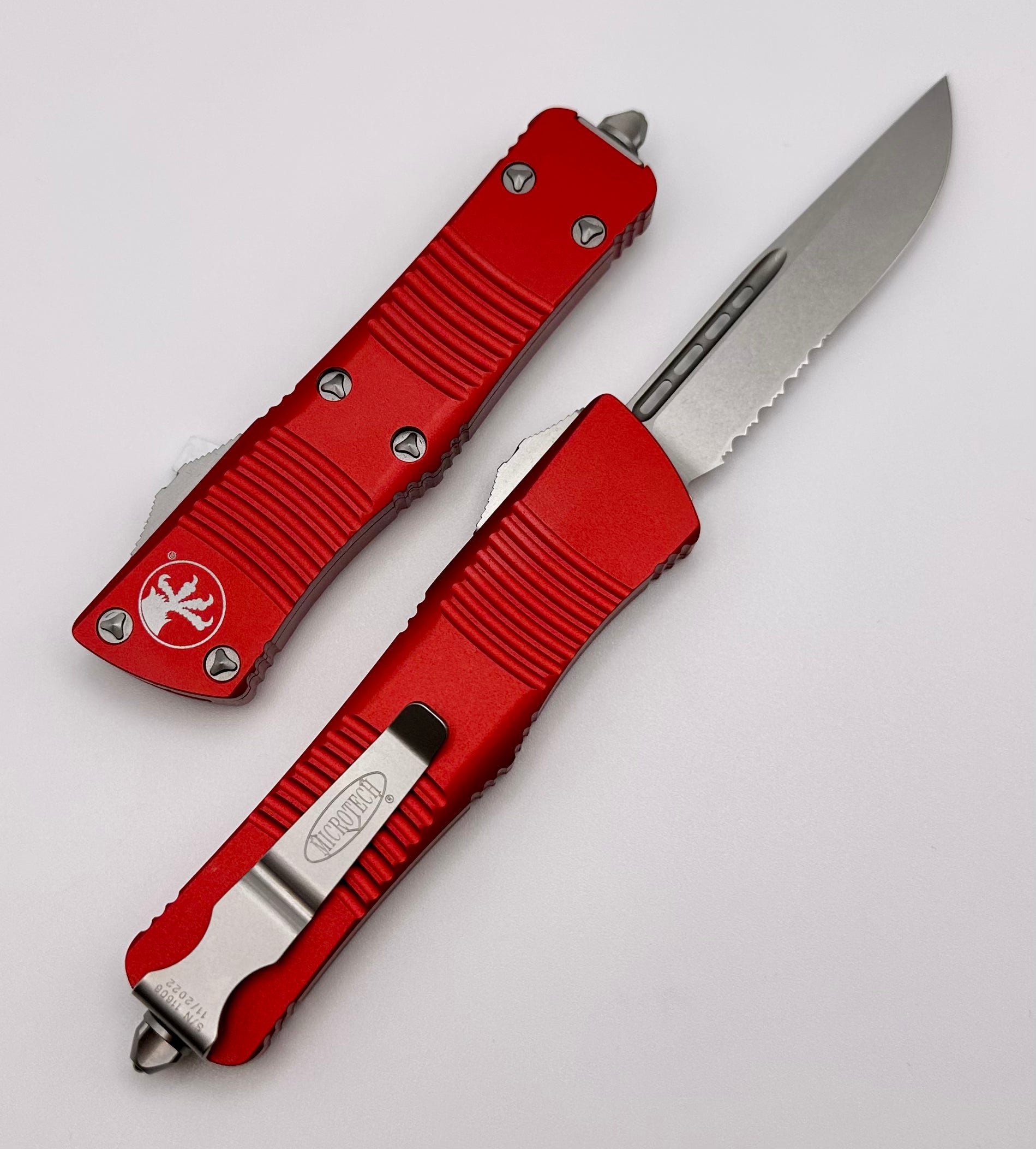 Premium Microtech Troodon Single Edge Knife - Stonewash Finish & Red Handle