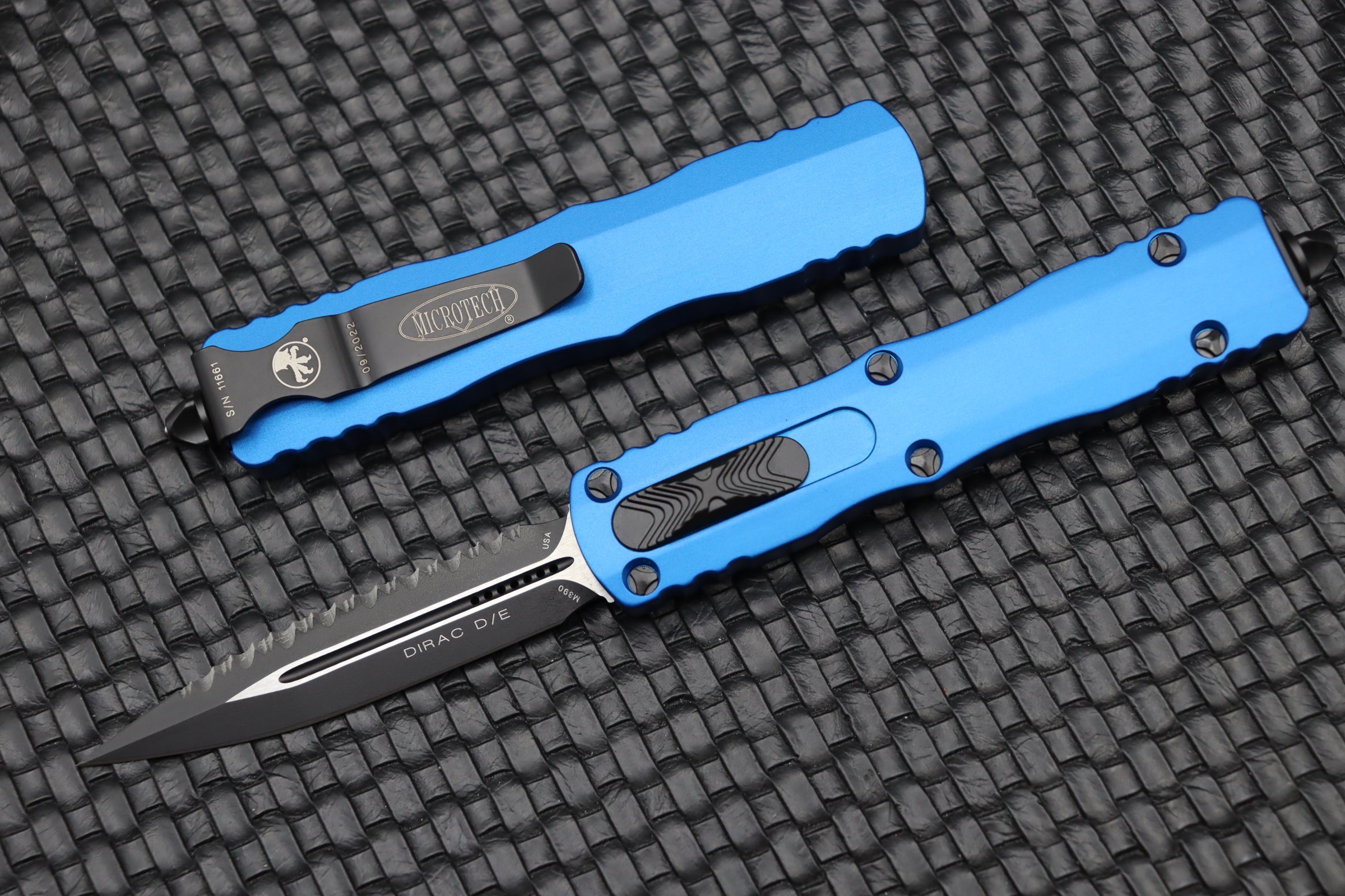 Microtech Dirac Premium Double Edge Serrated Tactical Knife - Blue