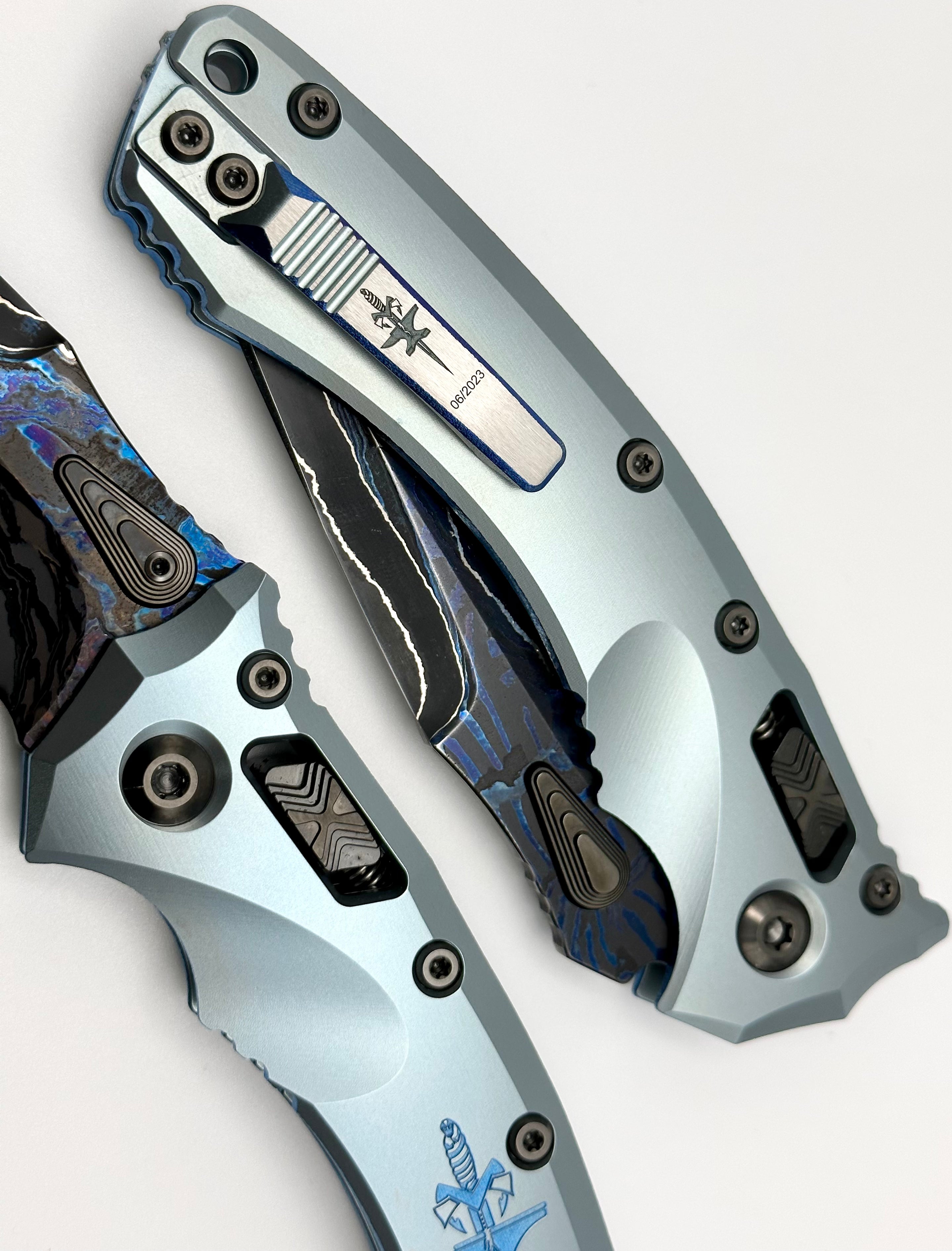 Marfione Custom Knives Amphibian RAM-LOK Metroid Broken Anvil Damascus & Ice Blue Stippled Titanium Dagger