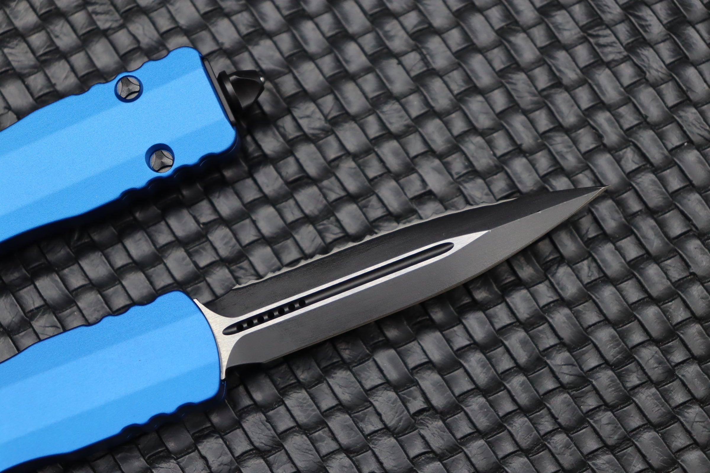 Microtech Dirac Premium Double Edge Serrated Tactical Knife - Blue