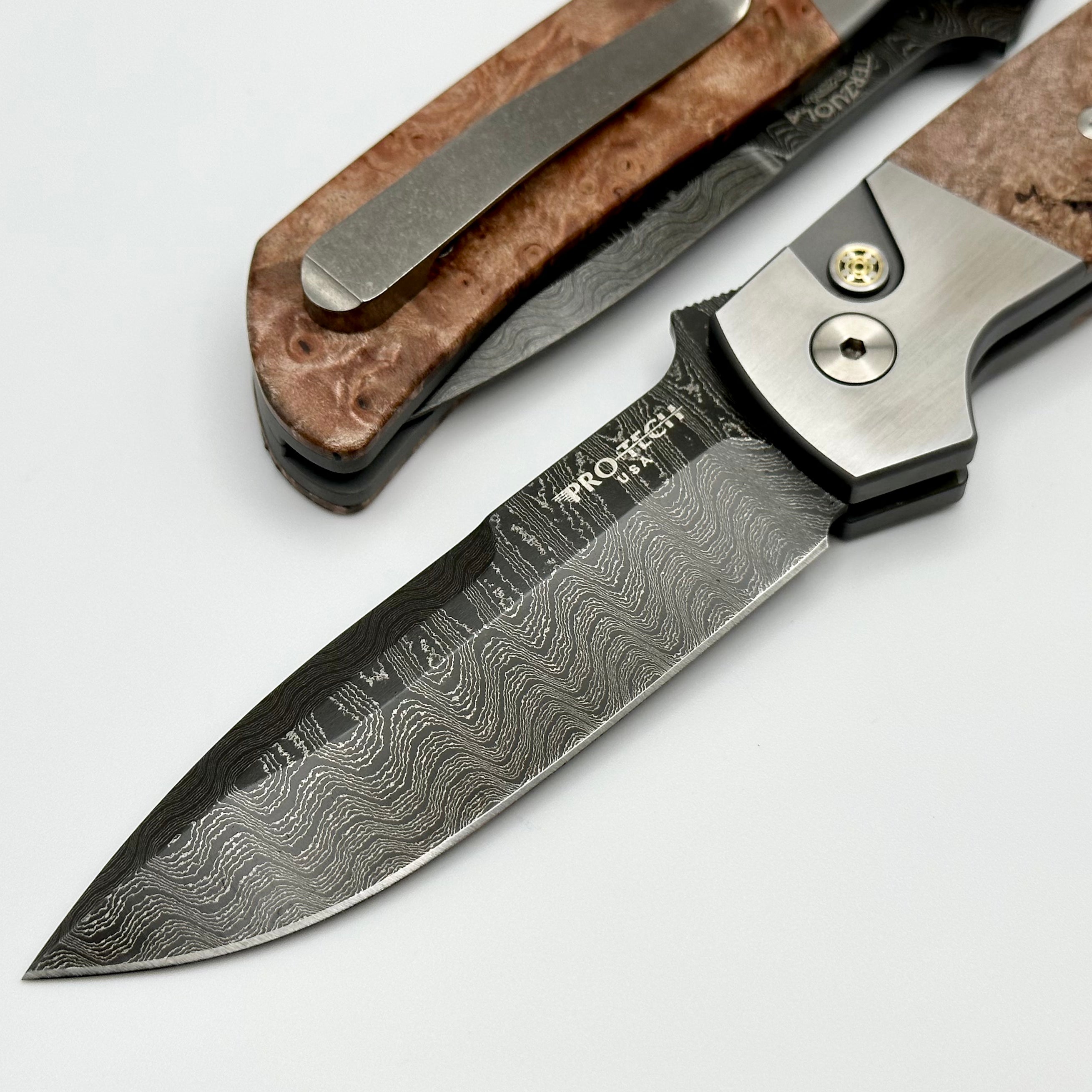 Pro-Tech ATCF Premium Folding Knife - 2-Tone 416 Steel with Maple Burl Inlays & Mosaic Button