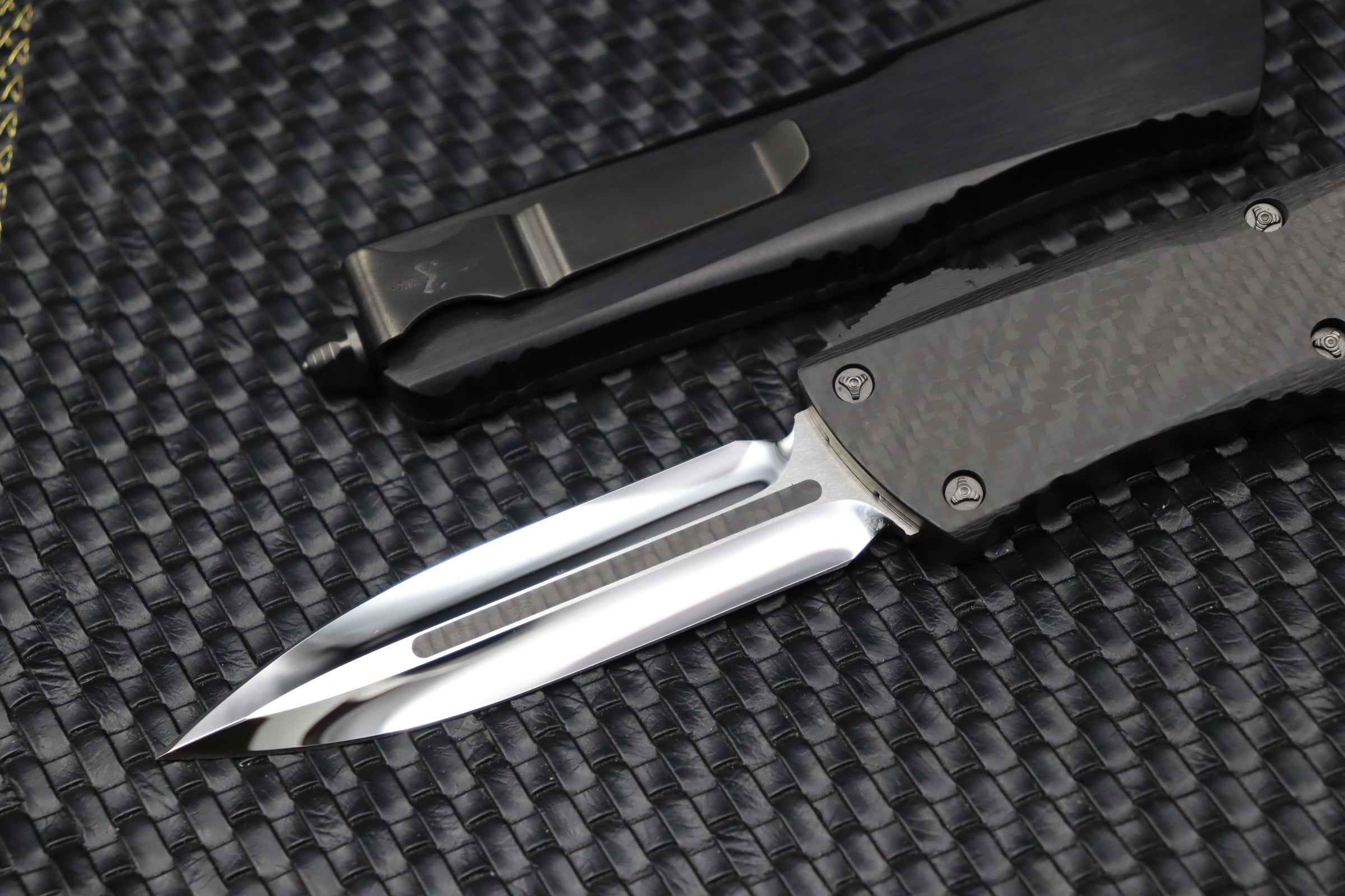 Ultimate Marfione Custom Combat Troodon OTF Knife - Mirror Polish, Carbon Fiber Inlays & DLC Hardware