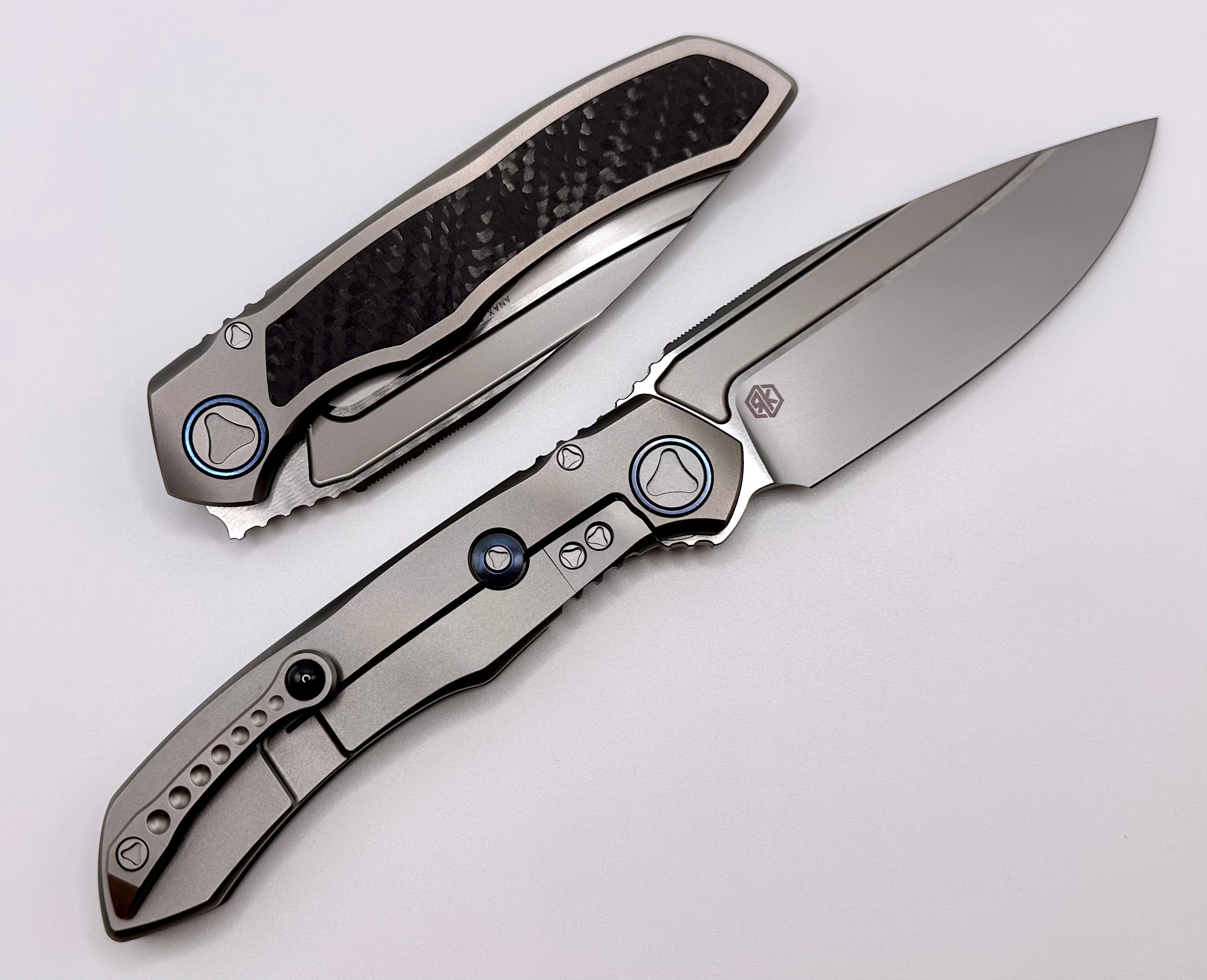 Premium Microtech ANAX Titanium Folding Knife with Carbon Fiber Inlay & Blue Titanium Accents