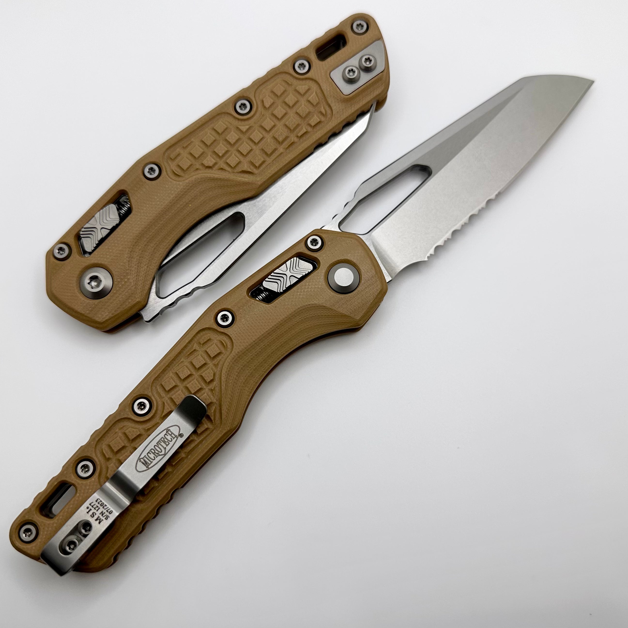 Microtech MSI RAM LOK Frag Tan G-10 Folding Knife - M390MK Steel, Partial Serrated Edge