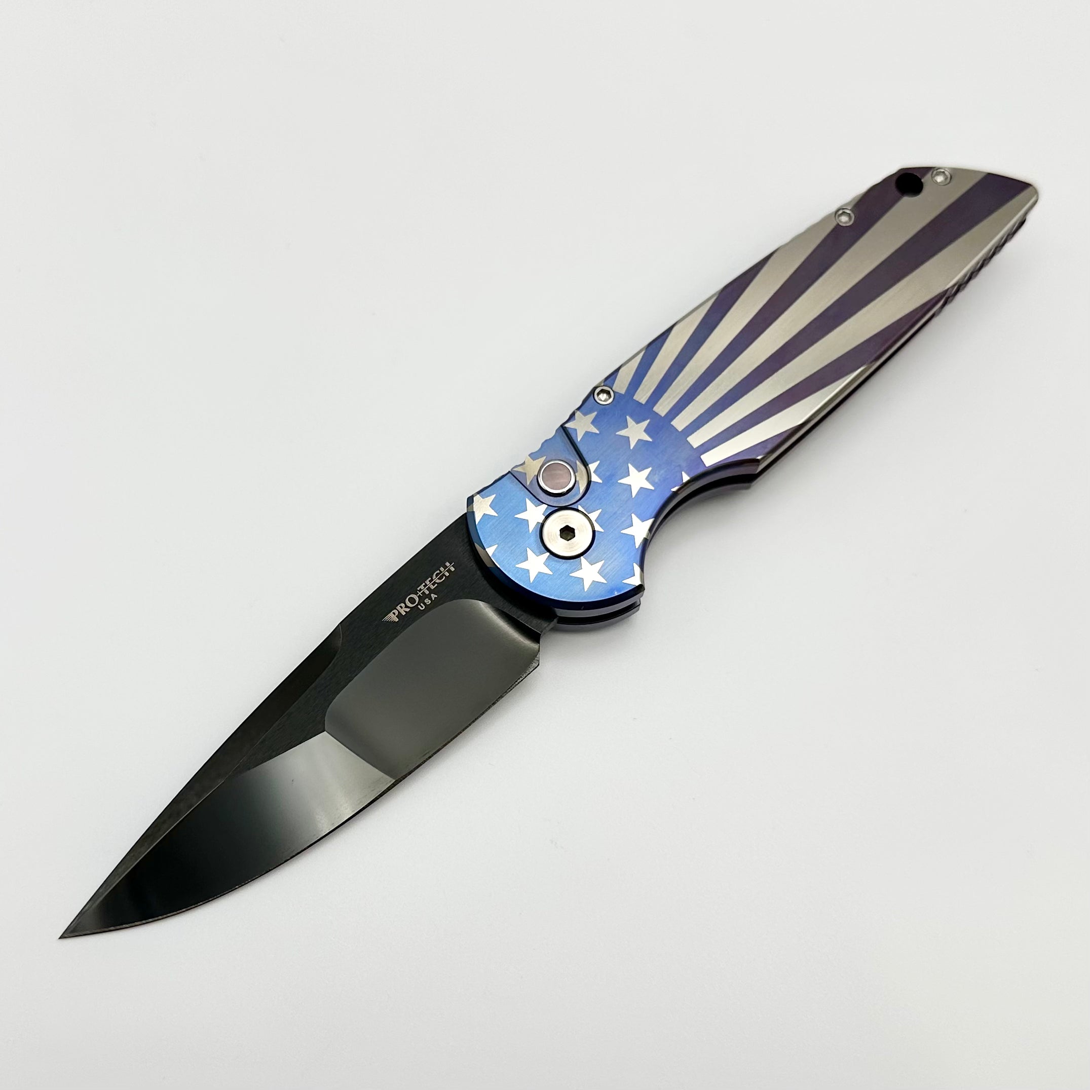 Pro-Tech TR-3 Patriotic Titanium Folding Knife - Premium Custom Design with Pearl Button & DLC Grind