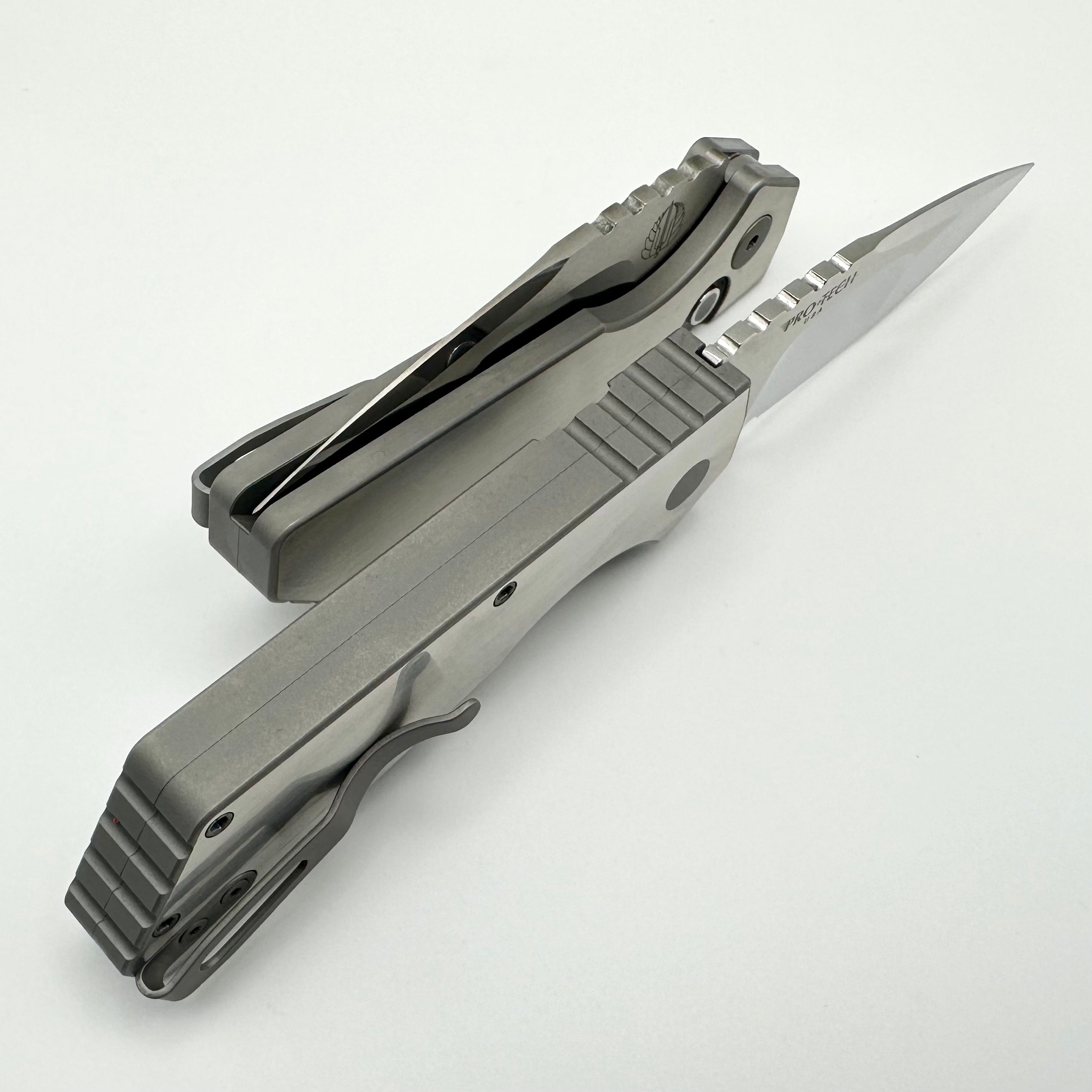 Pro-Tech PT Plus Custom Knife - Premium Satin/Blasted Handle with Black Lip Pearl Button & Mirrored Blade