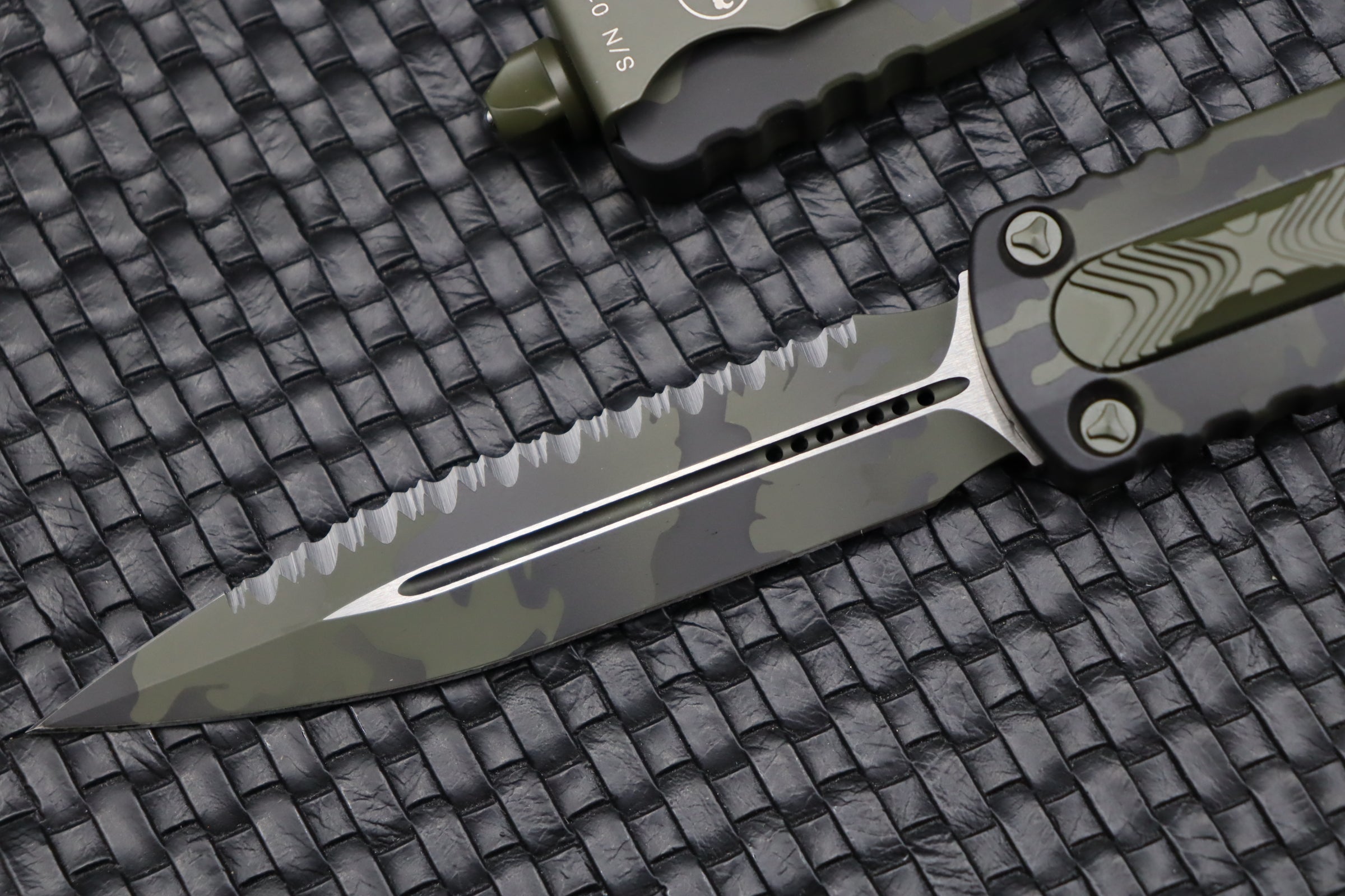 Microtech Dirac Delta Olive Camo Double Edge Fully Serrated Tactical Knife