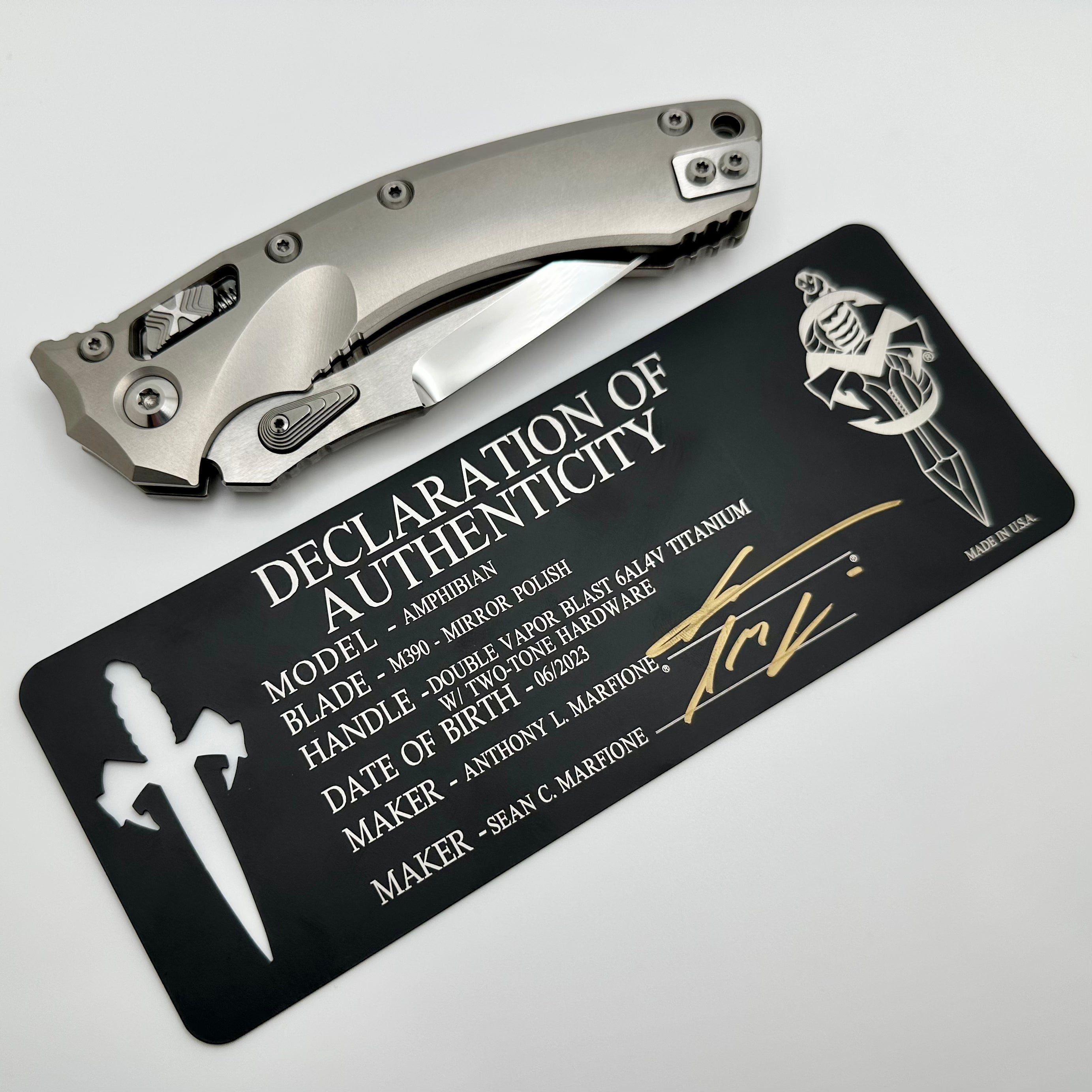 Premium Marfione Custom Amphibian RAM-LOK Knife - Mirror Polish M390 & Double Vapor Blast Titanium