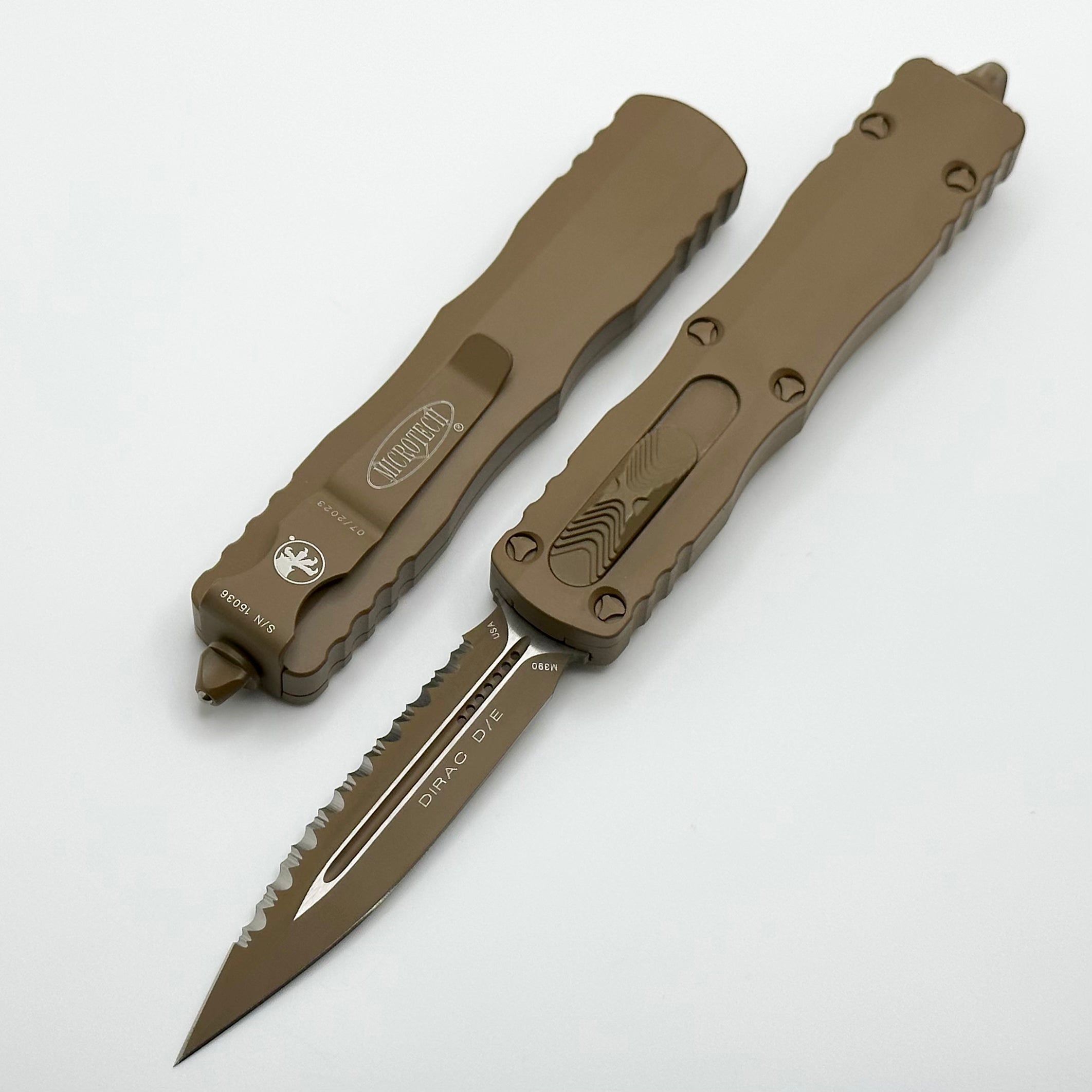 Premium Microtech Dirac Cerakote Tan Double Edge Full Serrated Knife - Ultimate Everyday Carry