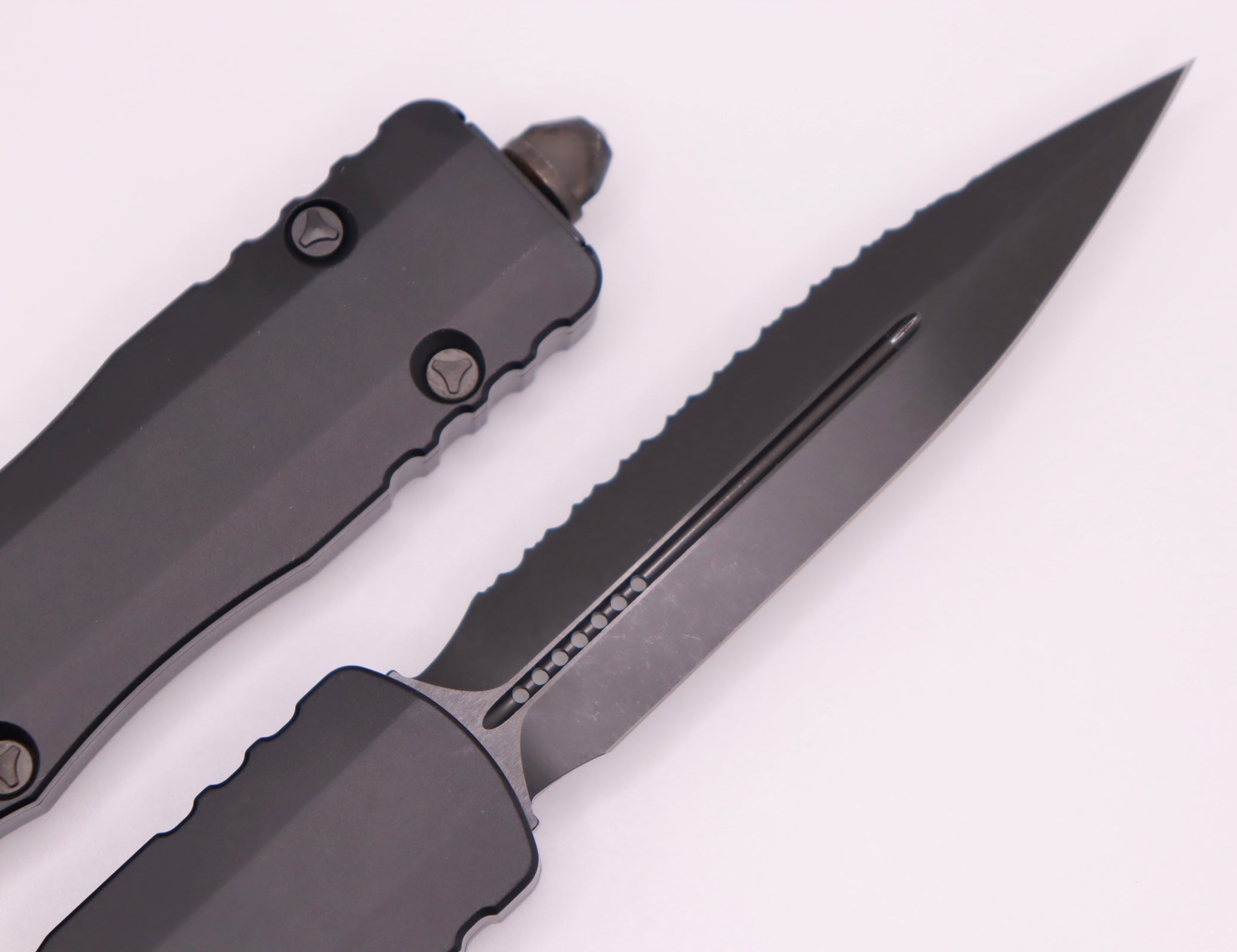 Microtech Dirac Delta Premium OTF Knife - Double Edge DLC Shadow Fully Serrated