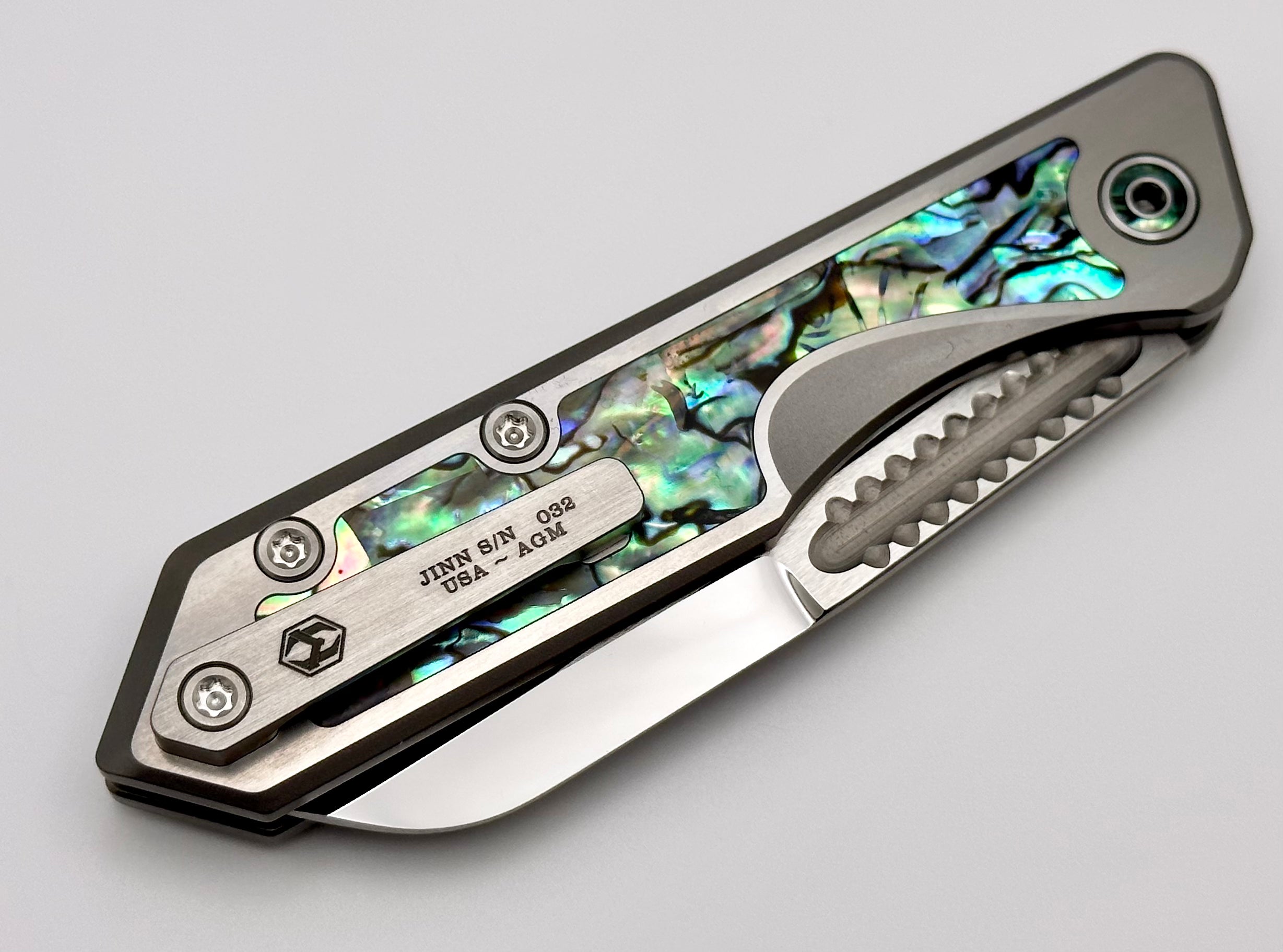Heretic Knives Jinn Custom Titanium Folding Knife - Premium Abalone Inlay & Mirror Polished Elmax Blade