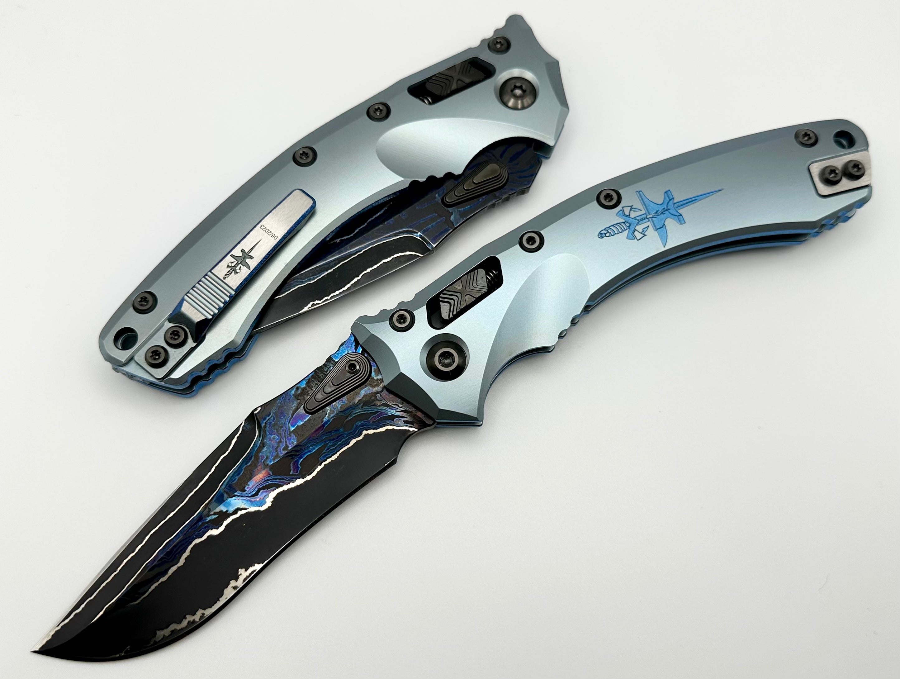 Marfione Custom Knives Amphibian RAM-LOK Metroid Broken Anvil Damascus & Ice Blue Stippled Titanium Dagger