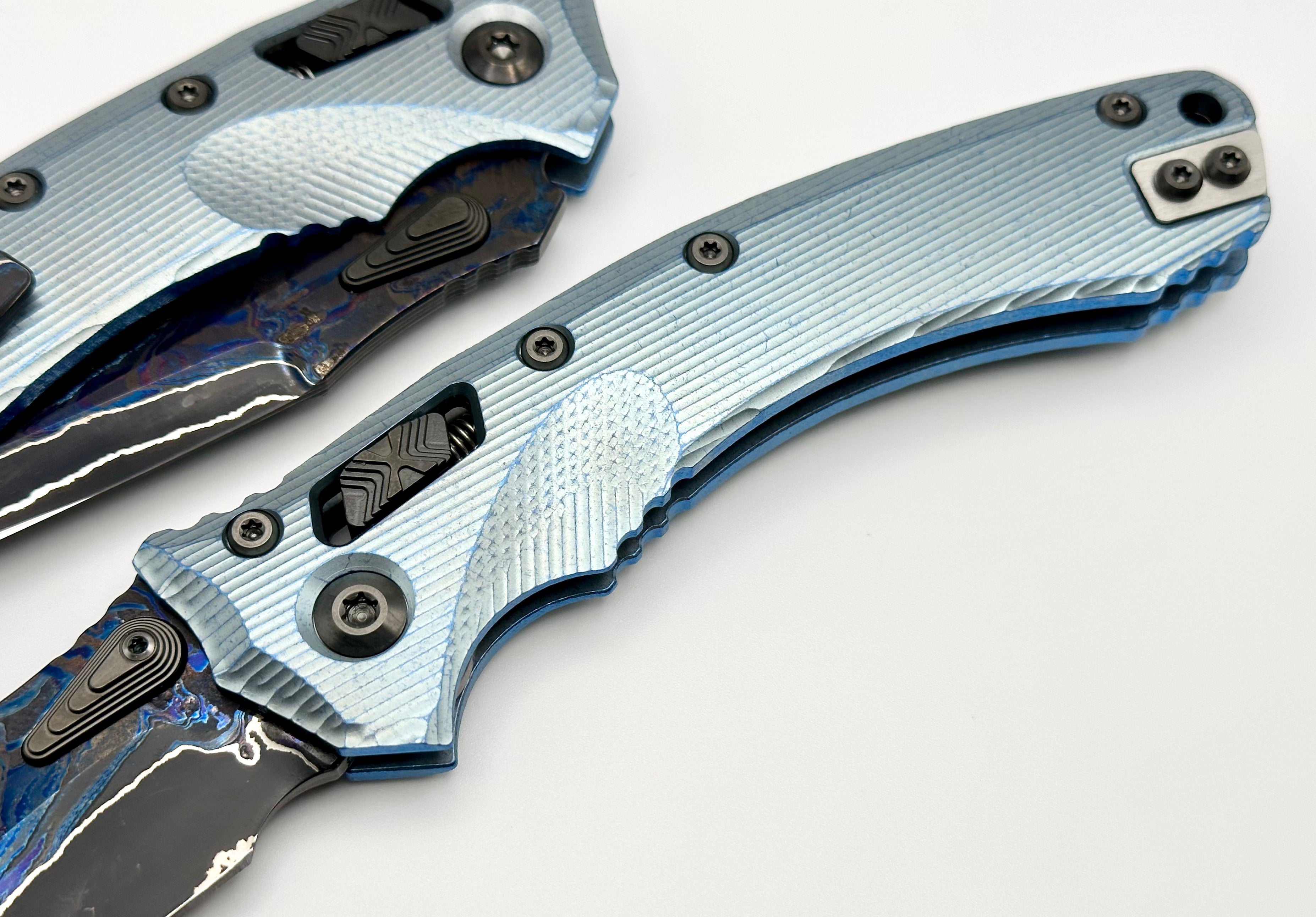 Premium Marfione Custom Knives Amphibian RAM-LOK: Limited Edition Broken Anvil Damascus & Fluted Ice Blue Titanium