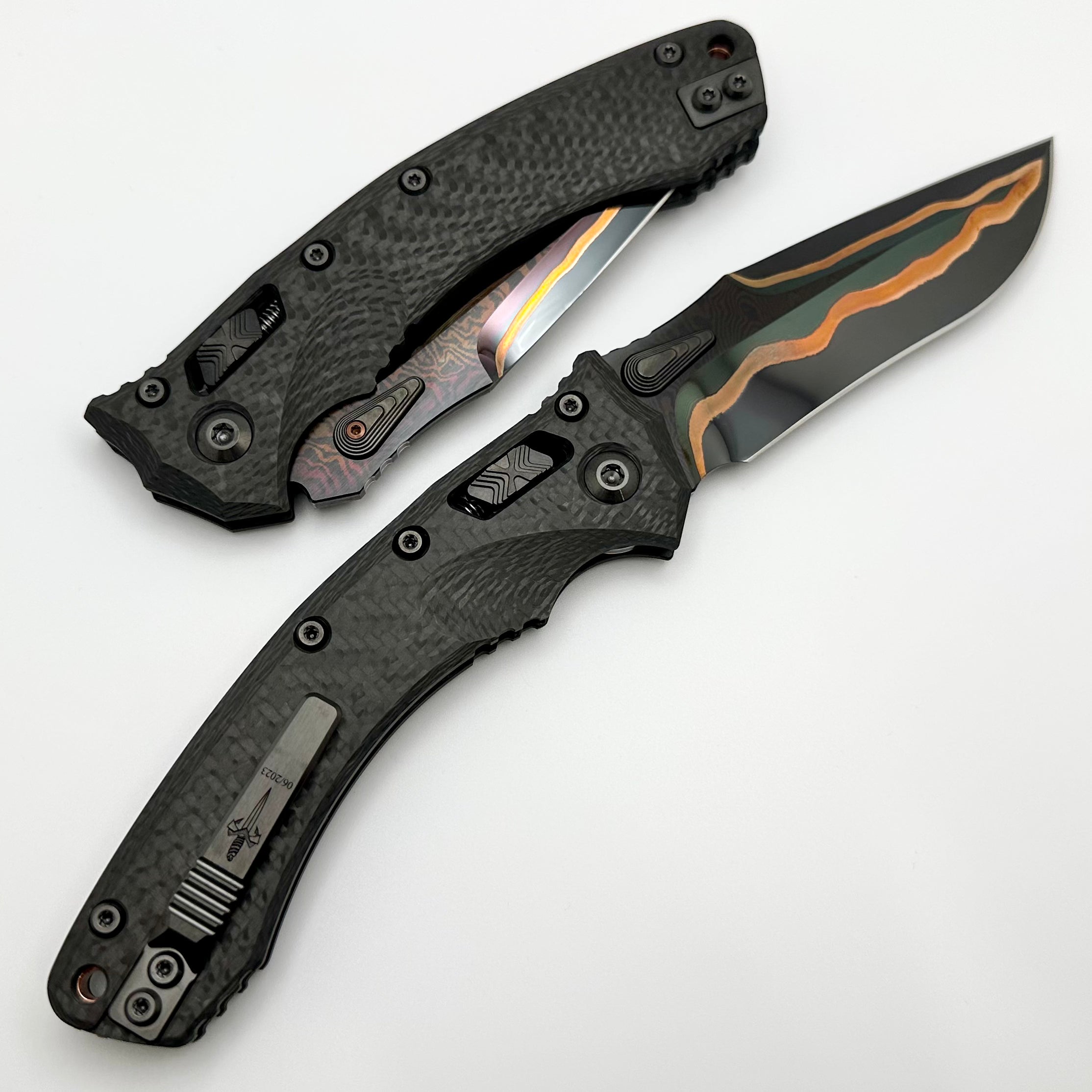 Premium Marfione Custom Amphibian RAM-LOK Knife: Hot Blued Tiger Mai Damascus & Carbon Fiber Handles