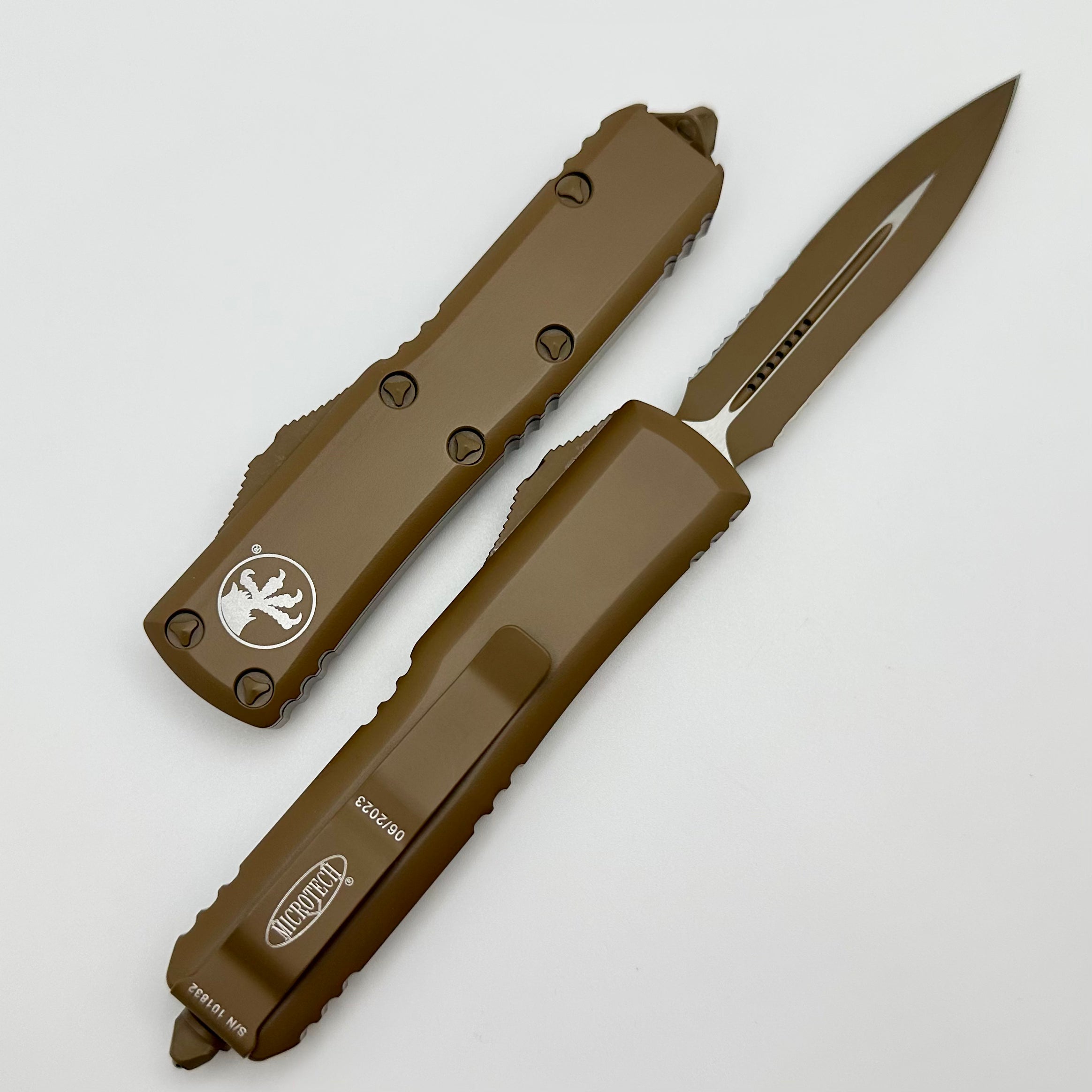 Microtech UTX-85 Premium EDC Knife - Cerakote Tan, Double Edge with Partial Serration