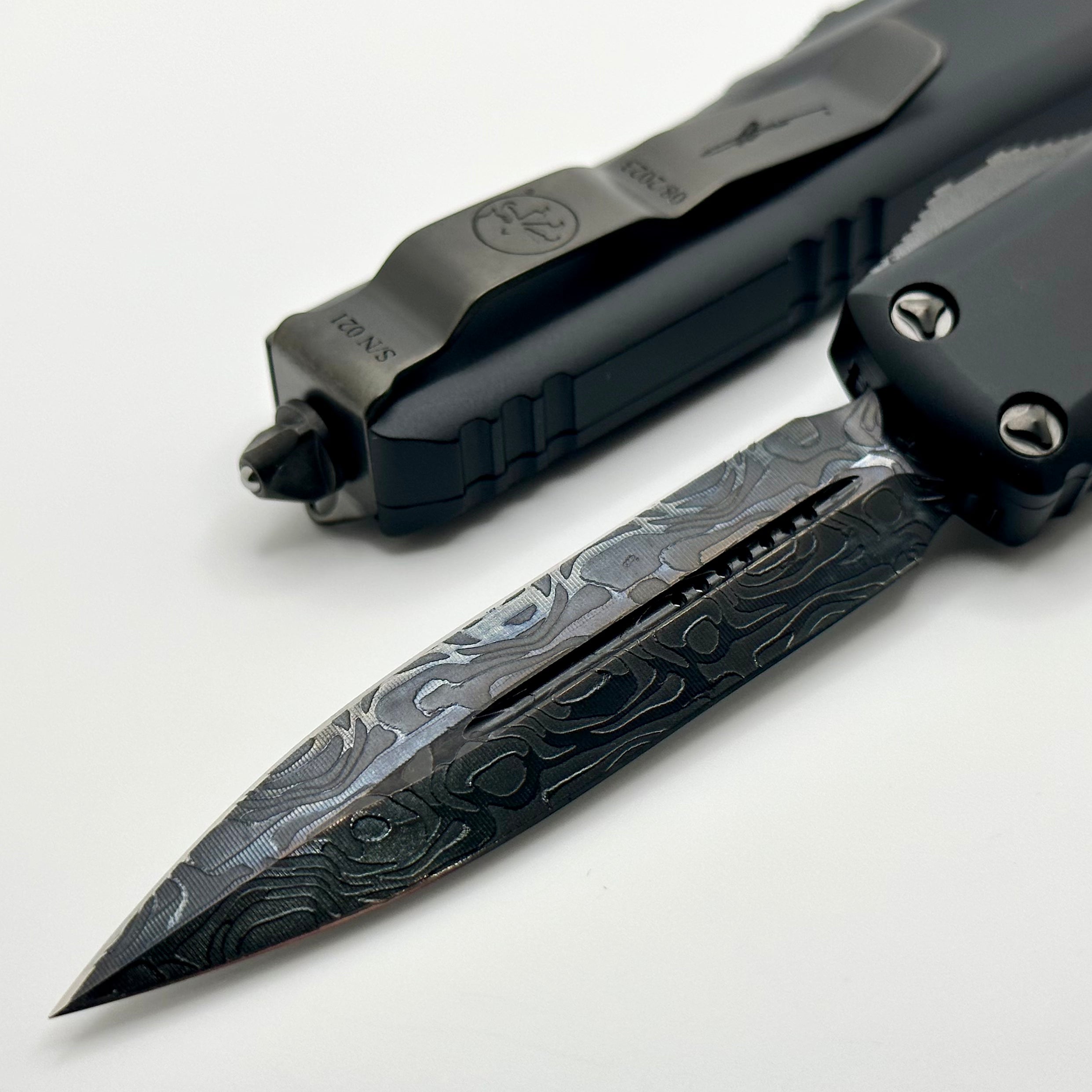 Microtech UTX-85 Double Edge Damascus DLC Shadow Series - Ultimate EDC Knife