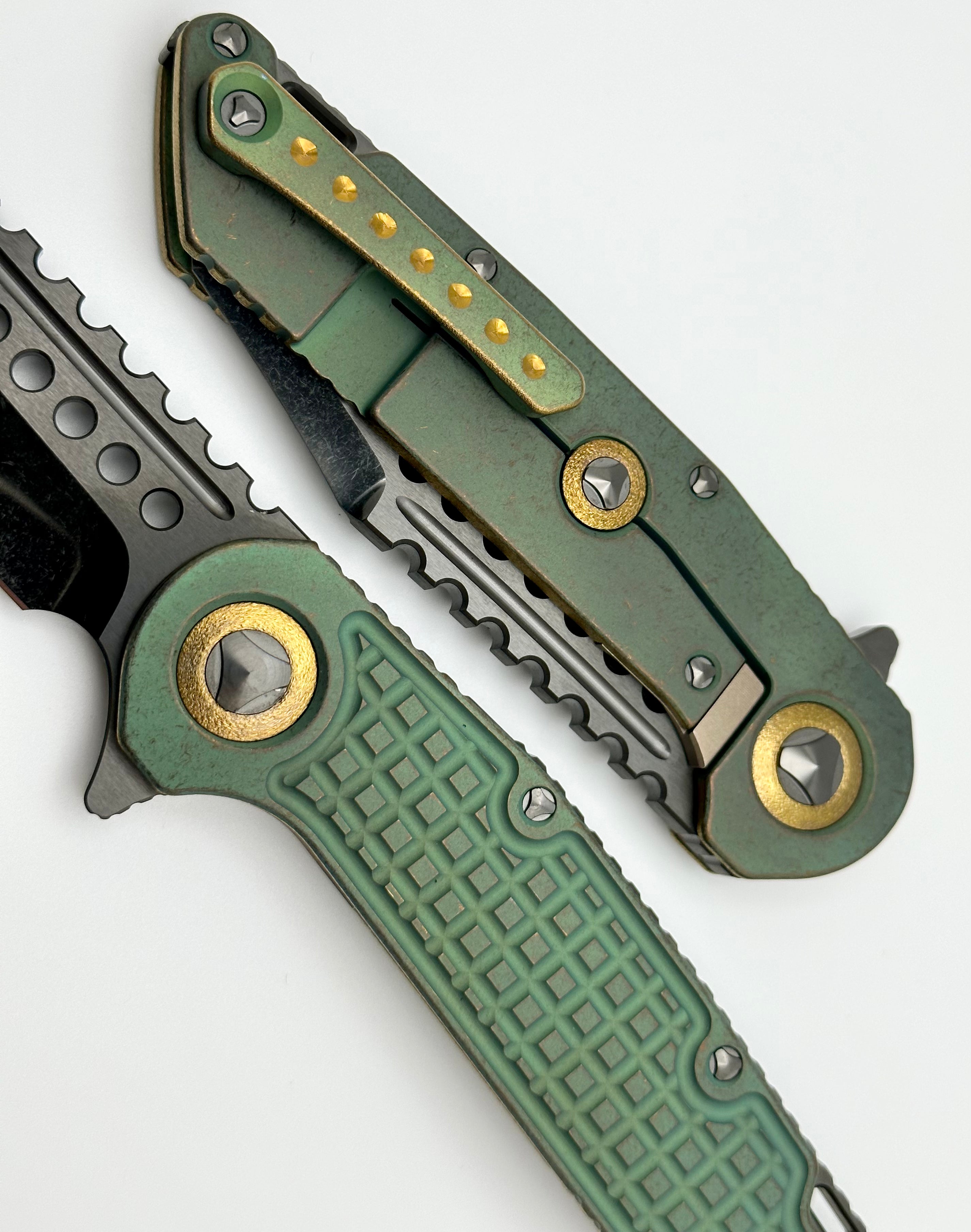 Marfione Custom Knives Warhound DLC: Ultimate Two-Tone Stonewash & Antique Green Titanium EDC Knife