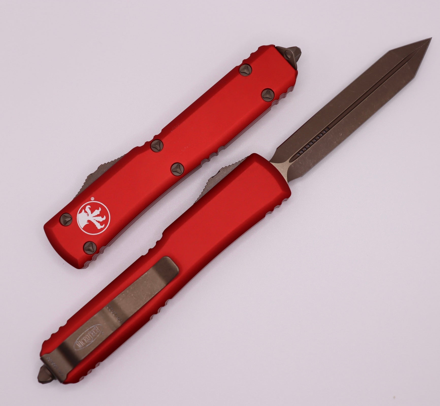 Microtech Ultratech Spartan Bronzed Apocalyptic Knife with Red Accents - Ultimate OTF Blade