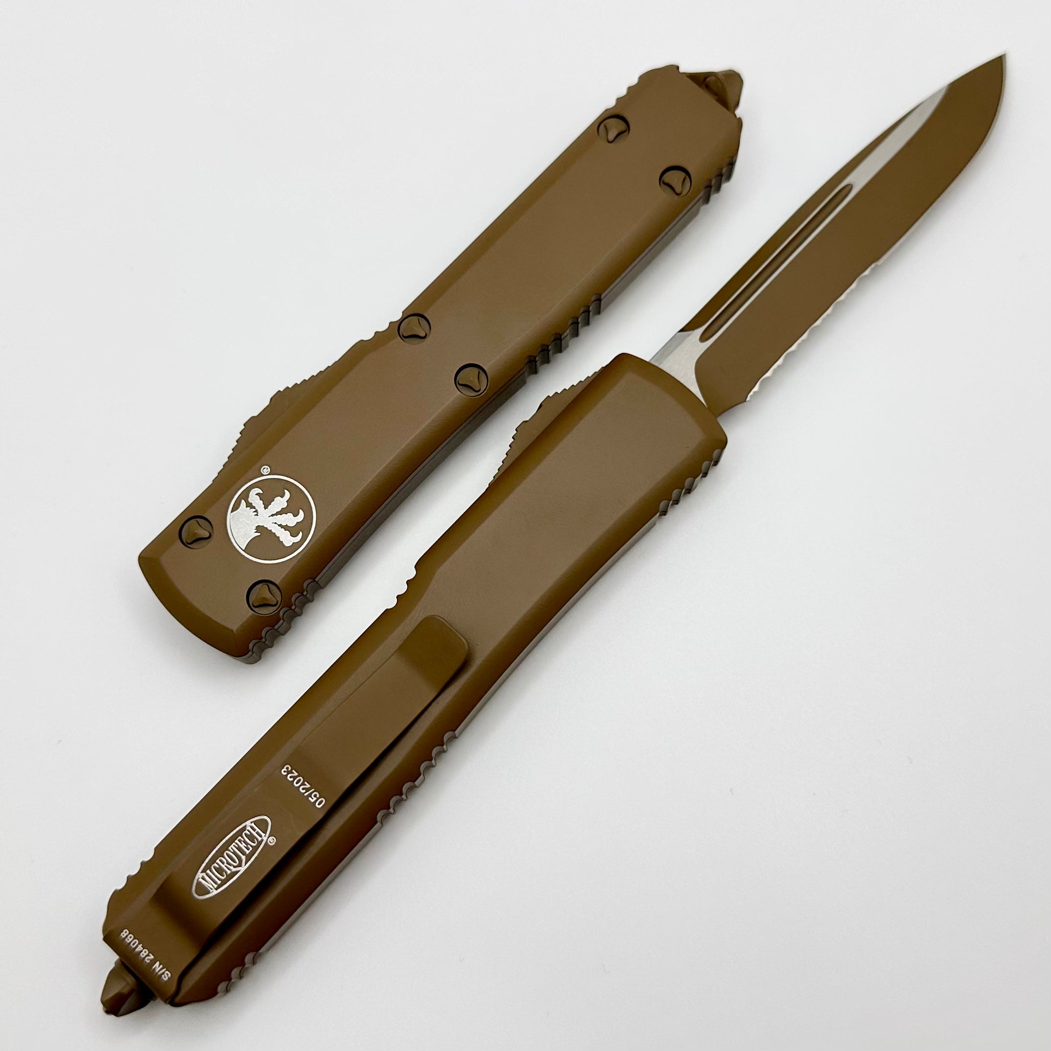 Microtech Ultratech Premium Cerakote Tan OTF Knife with Partial Serrated Edge