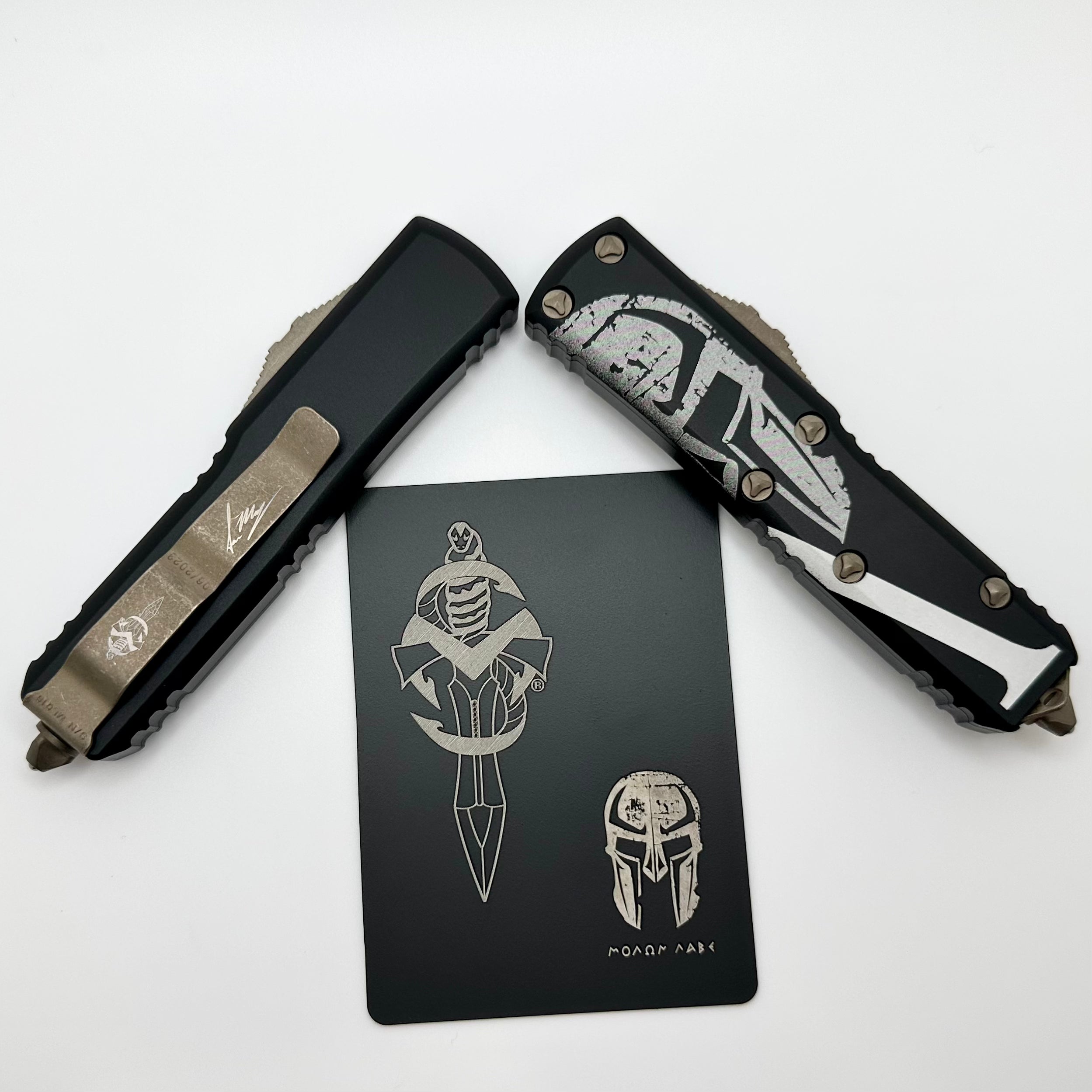 Microtech UTX-85 Signature Series: Premium Molon Labe Hellhound & Warhound Set in Bronze Apocalyptic Finish