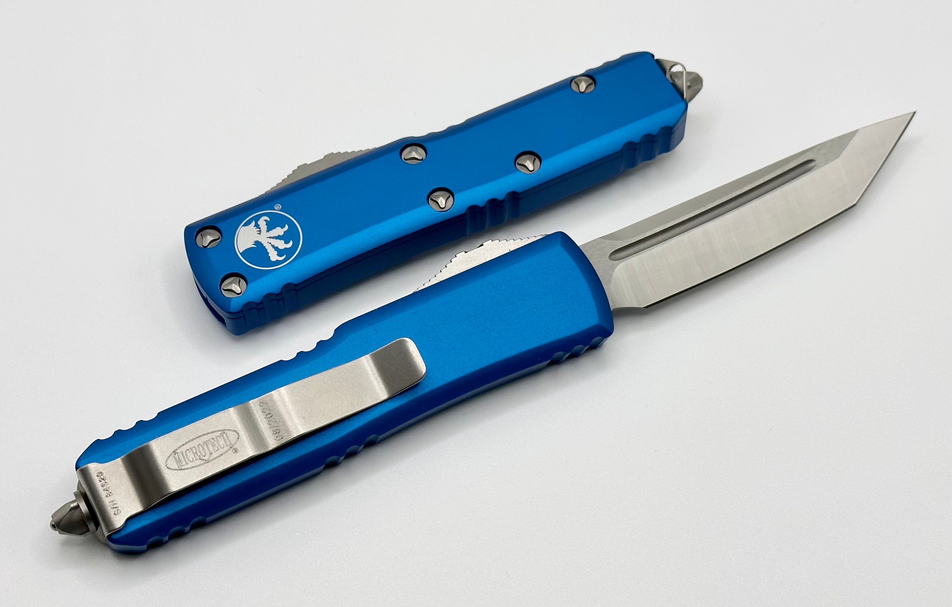 Premium Microtech UTX-85 Tanto Knife - Satin Finish & Blue Handle