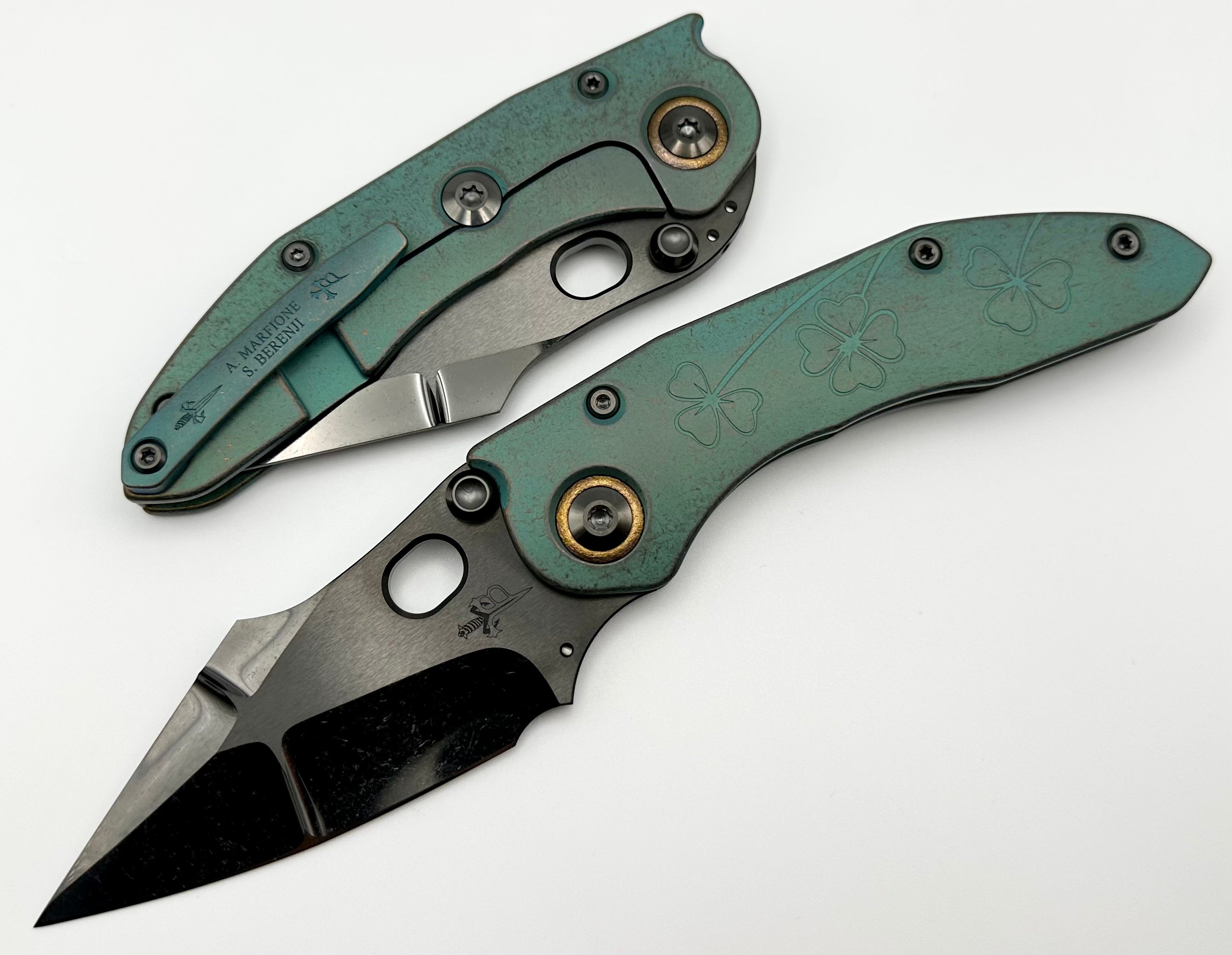 Premium Marfione Custom Knives & Borka Blades Antique Green Lucky Stitch Trit Inlaid with DLC Cracked Diamond Wash Double Star Grind M390 & Engraved Titanium