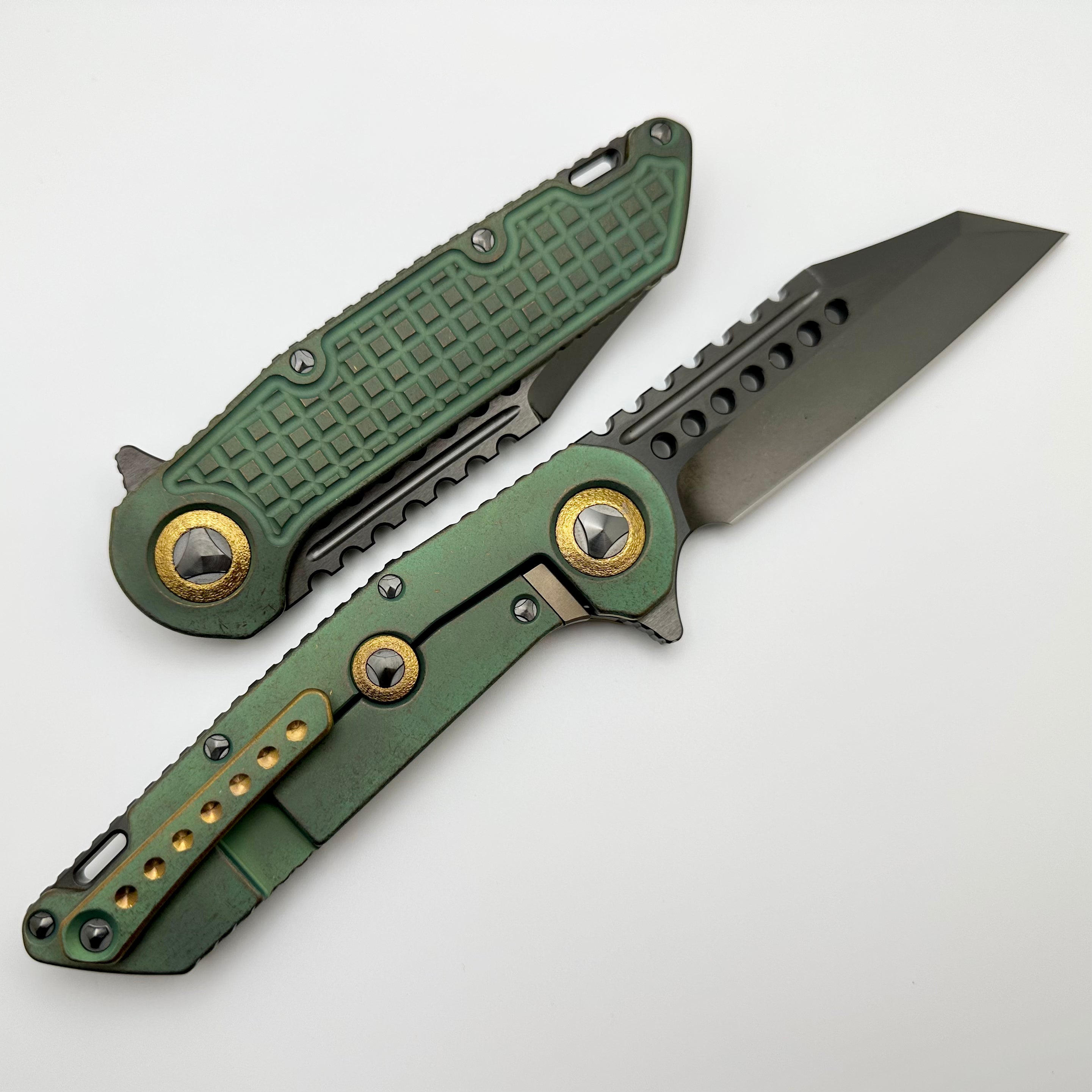 Marfione Custom Knives Warhound DLC: Ultimate Two-Tone Stonewash & Antique Green Titanium EDC Knife