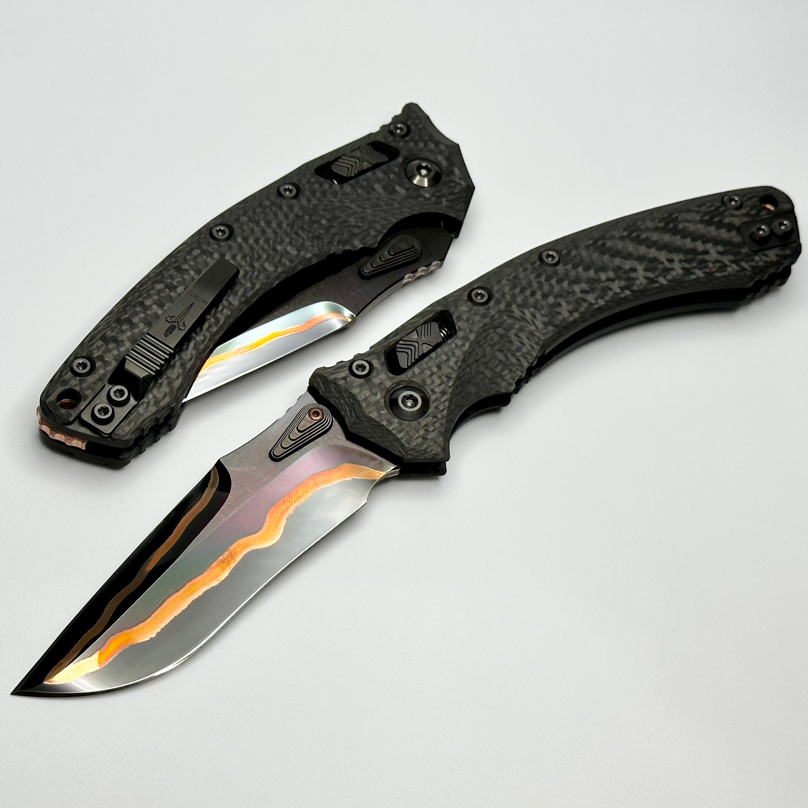 Premium Marfione Custom Amphibian RAM-LOK Knife: Hot Blued Tiger Mai Damascus & Carbon Fiber Handles