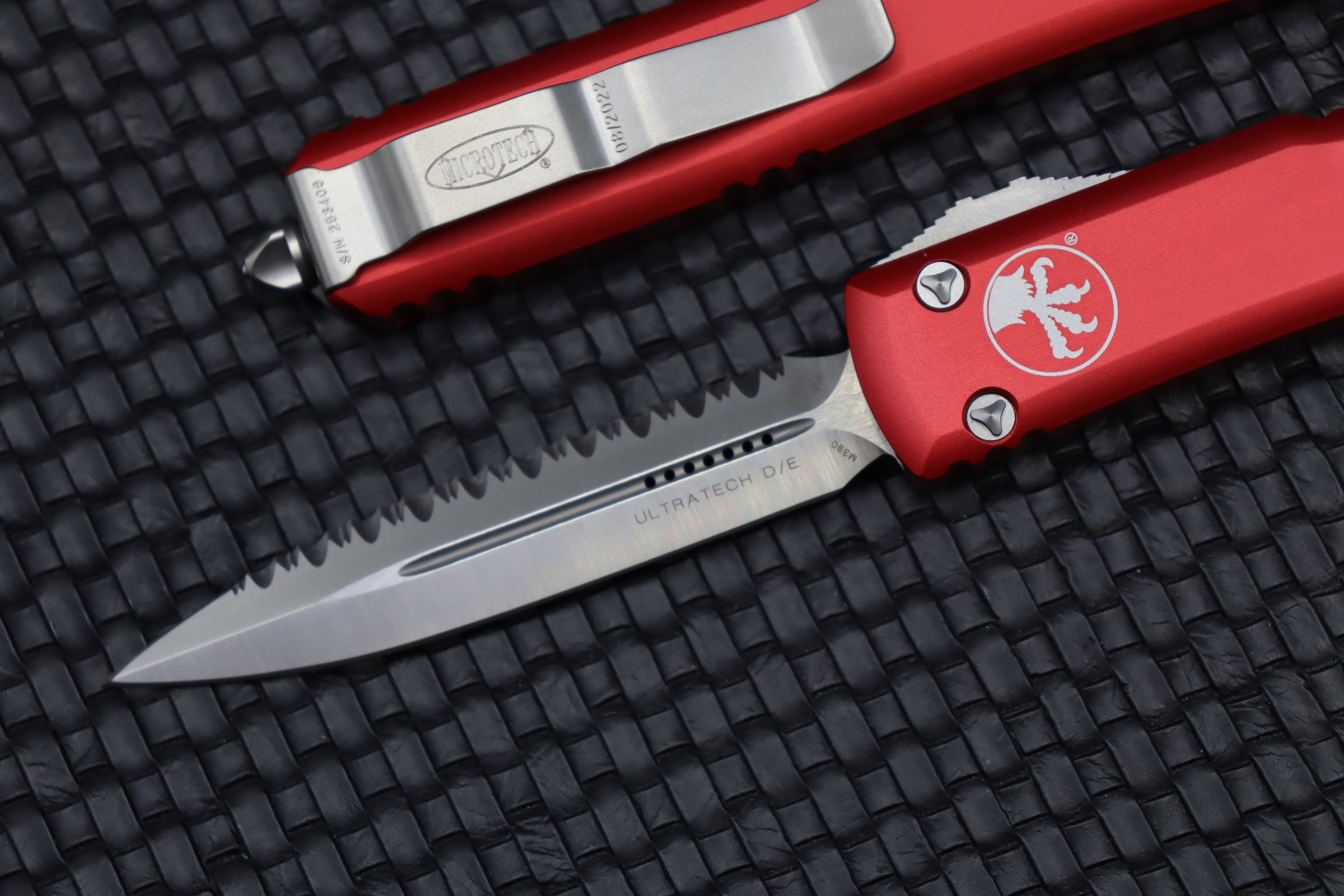 Microtech Ultratech Premium OTF Knife - Double Edge Satin Full Serrated with Red Handle