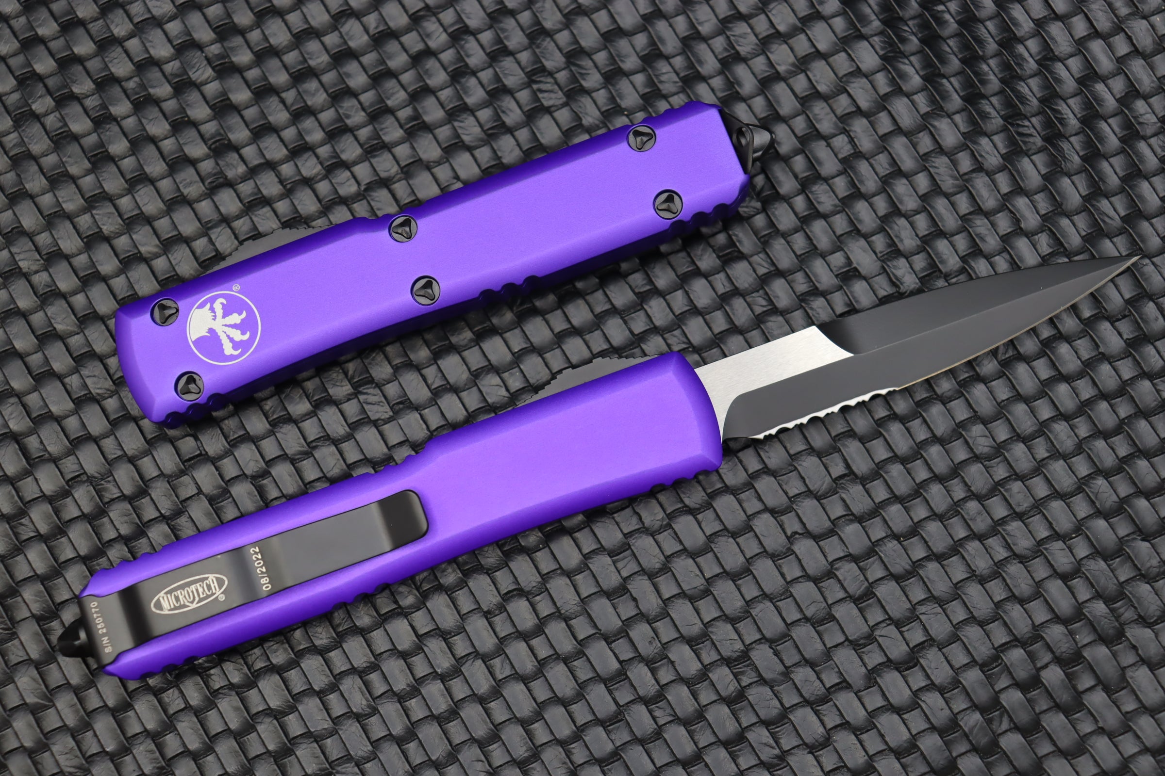 Premium Microtech Ultratech Bayonet Knife - Partial Serrated Blade & Purple Finish