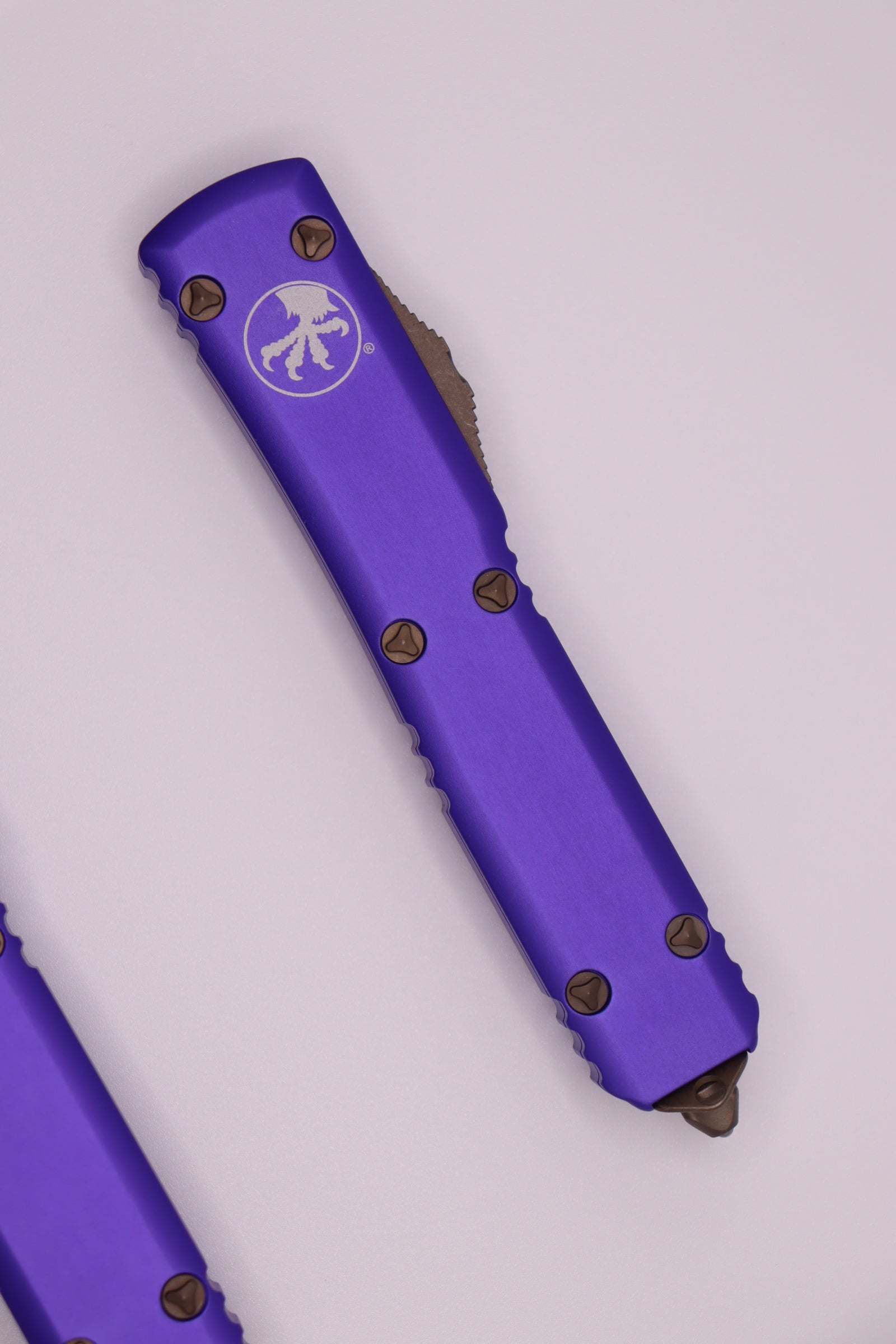 Premium Microtech Ultratech Bronze Apocalyptic OTF Knife with Purple Handle