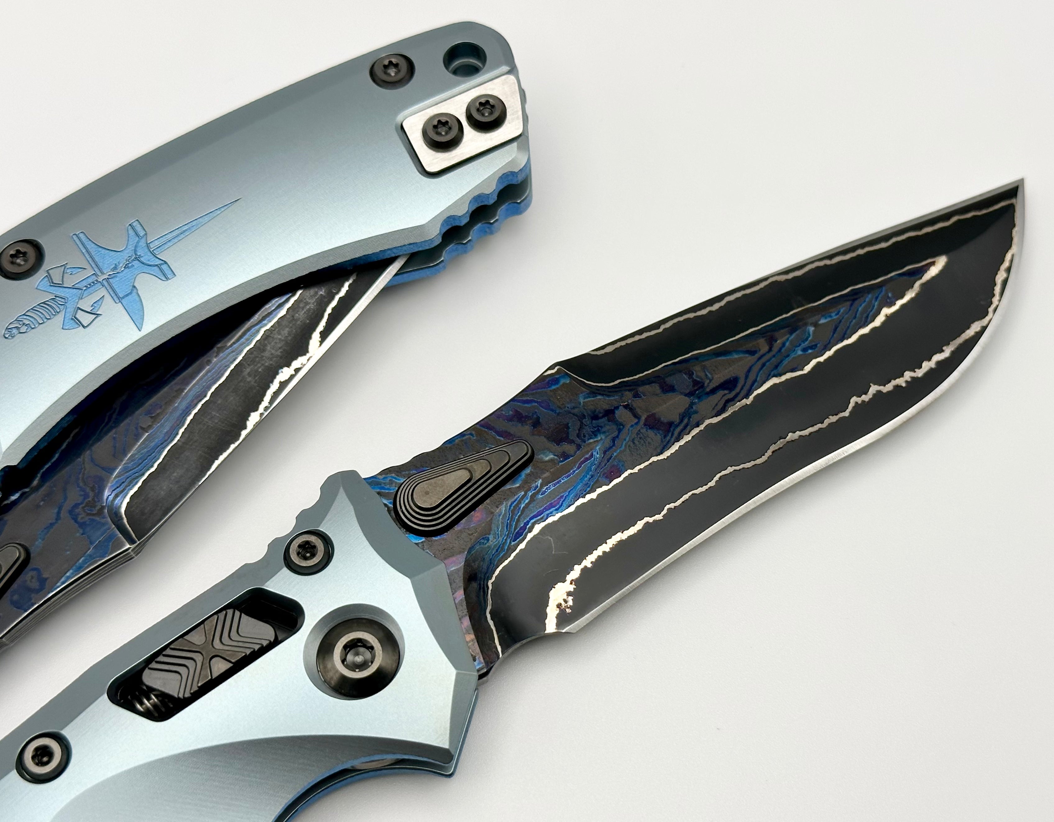 Marfione Custom Knives Amphibian RAM-LOK Metroid Broken Anvil Damascus & Ice Blue Stippled Titanium Dagger