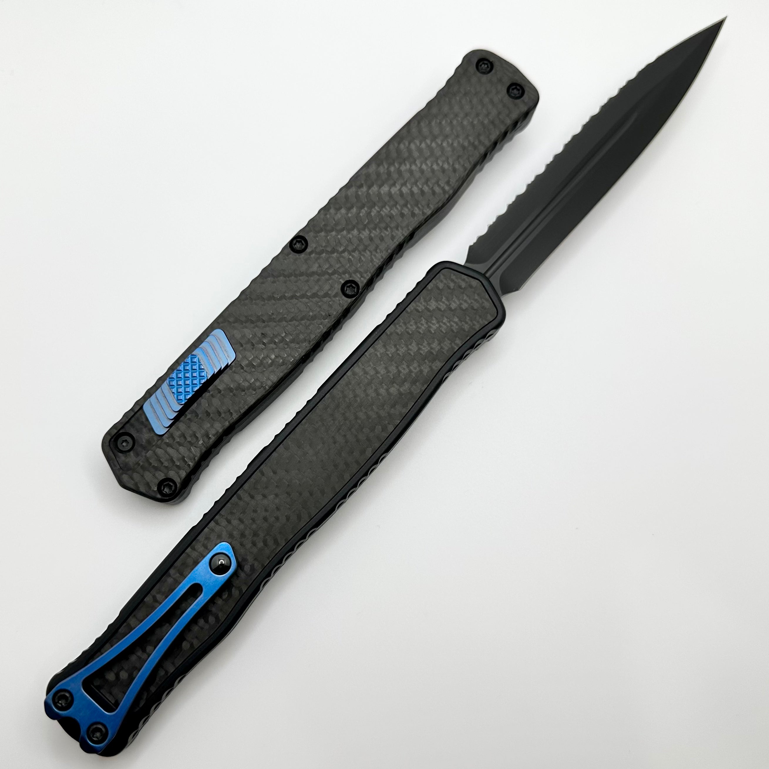 Heretic Knives Cleric II 2: Ultimate Carbon Fiber DLC Double Edge Knife with Blue Ti Accents