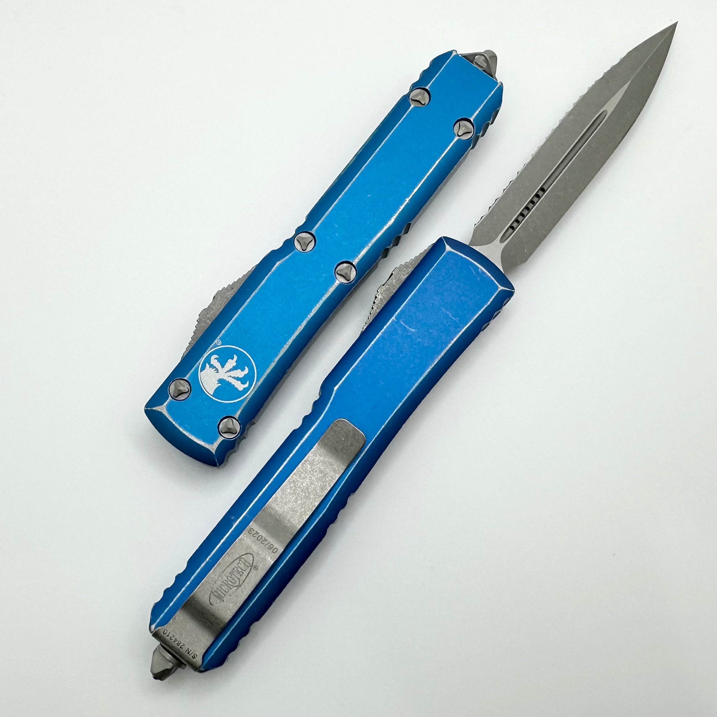 Microtech Ultratech Premium Double Edge Serrated Apocalyptic Blue Tactical Knife