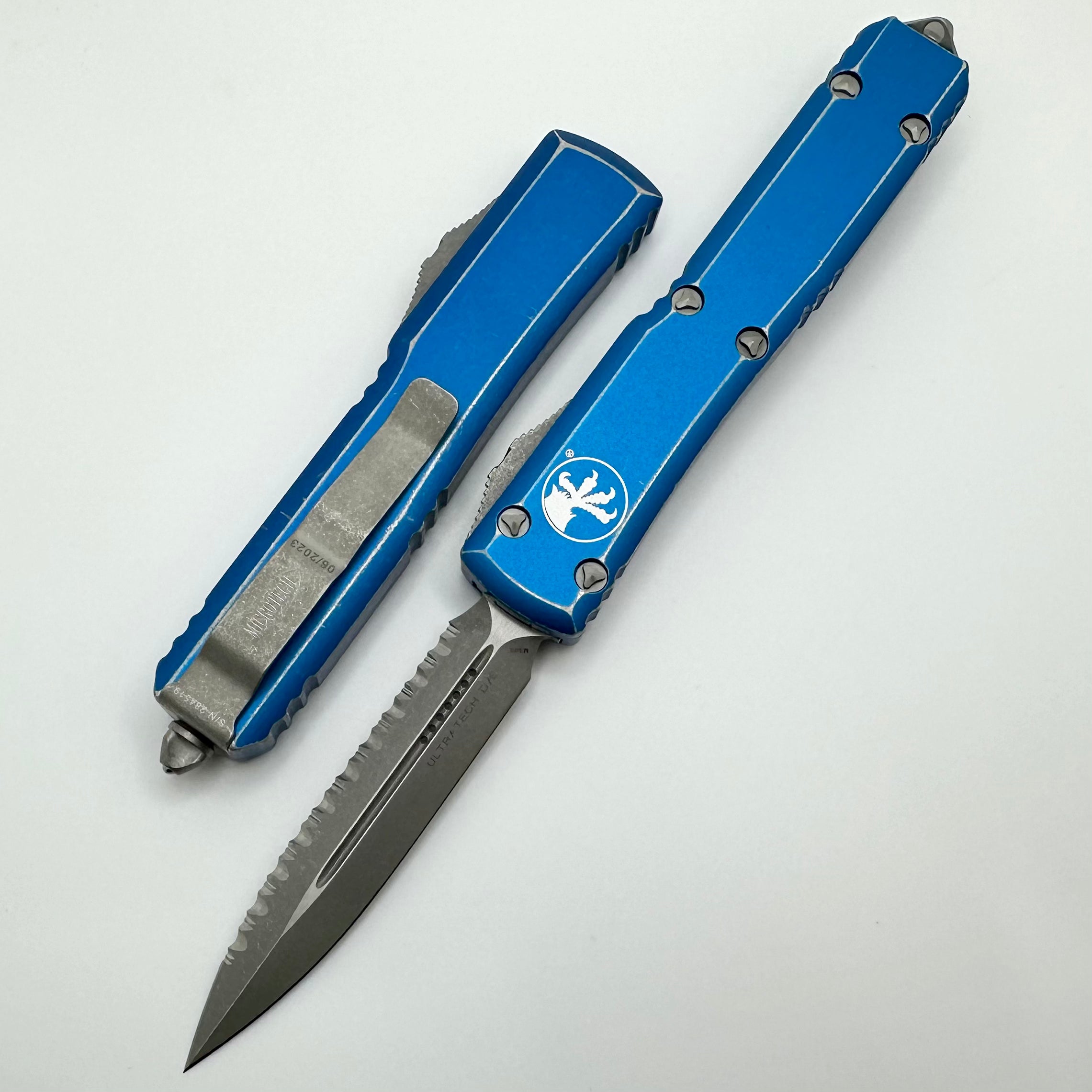 Microtech Ultratech Premium Double Edge Serrated Apocalyptic Blue Tactical Knife