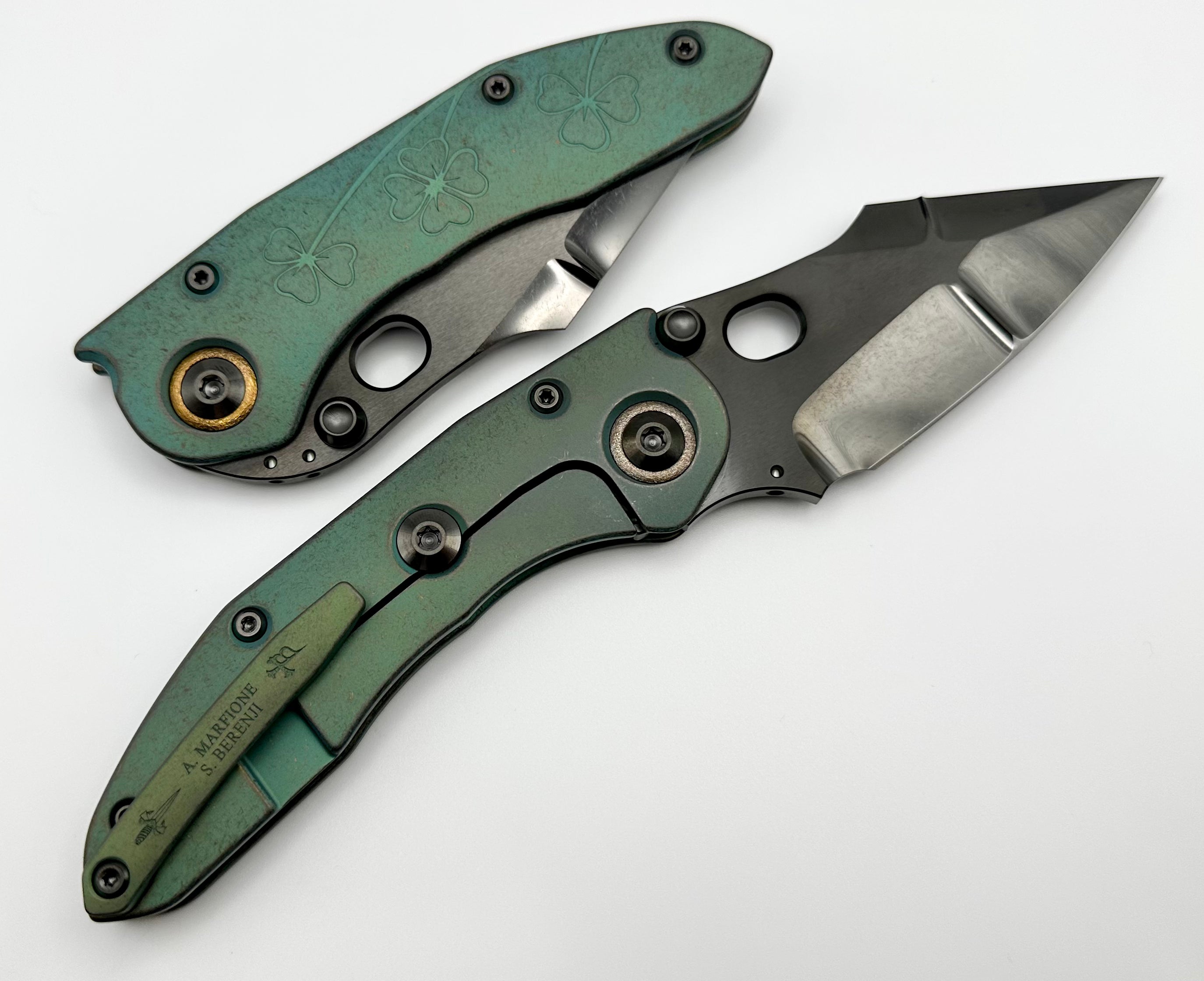 Premium Marfione Custom Knives & Borka Blades Antique Green Lucky Stitch Trit Inlaid with DLC Cracked Diamond Wash Double Star Grind M390 & Engraved Titanium