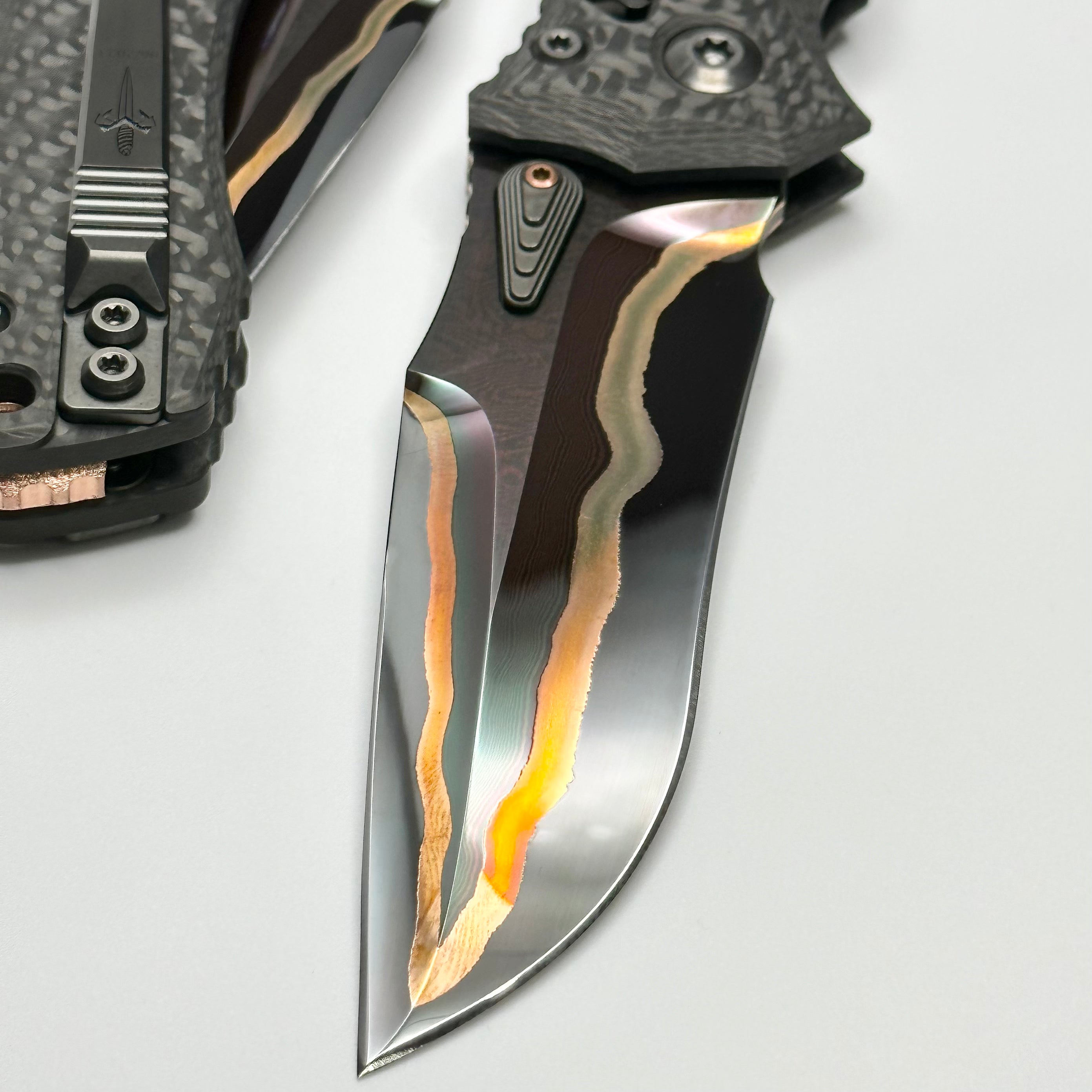 Premium Marfione Custom Amphibian RAM-LOK Knife: Hot Blued Tiger Mai Damascus & Carbon Fiber Handles