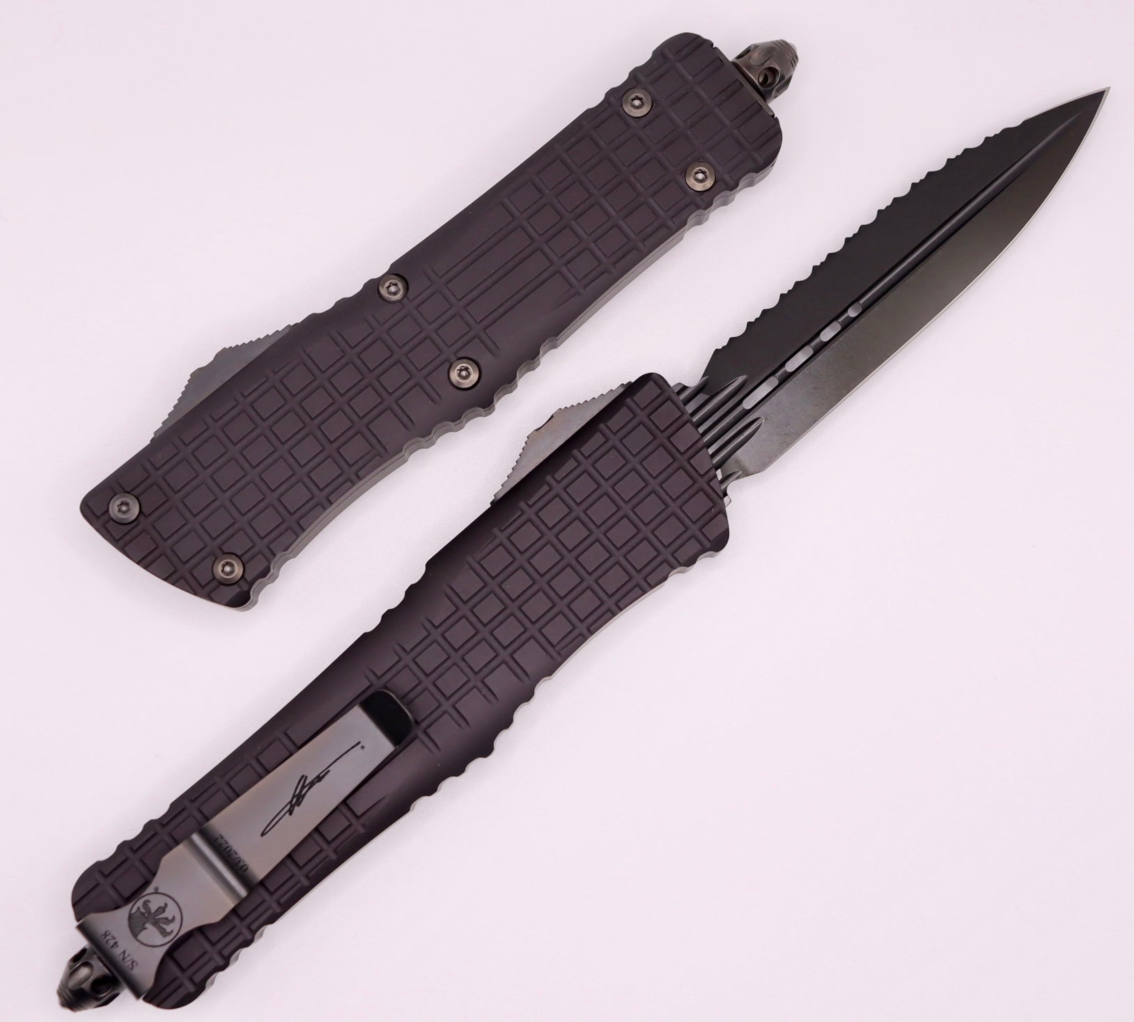 Microtech Combat Troodon Delta Frag Shadow Fluted DLC Double Edge Fully Serrated - Ultimate Tactical Knife