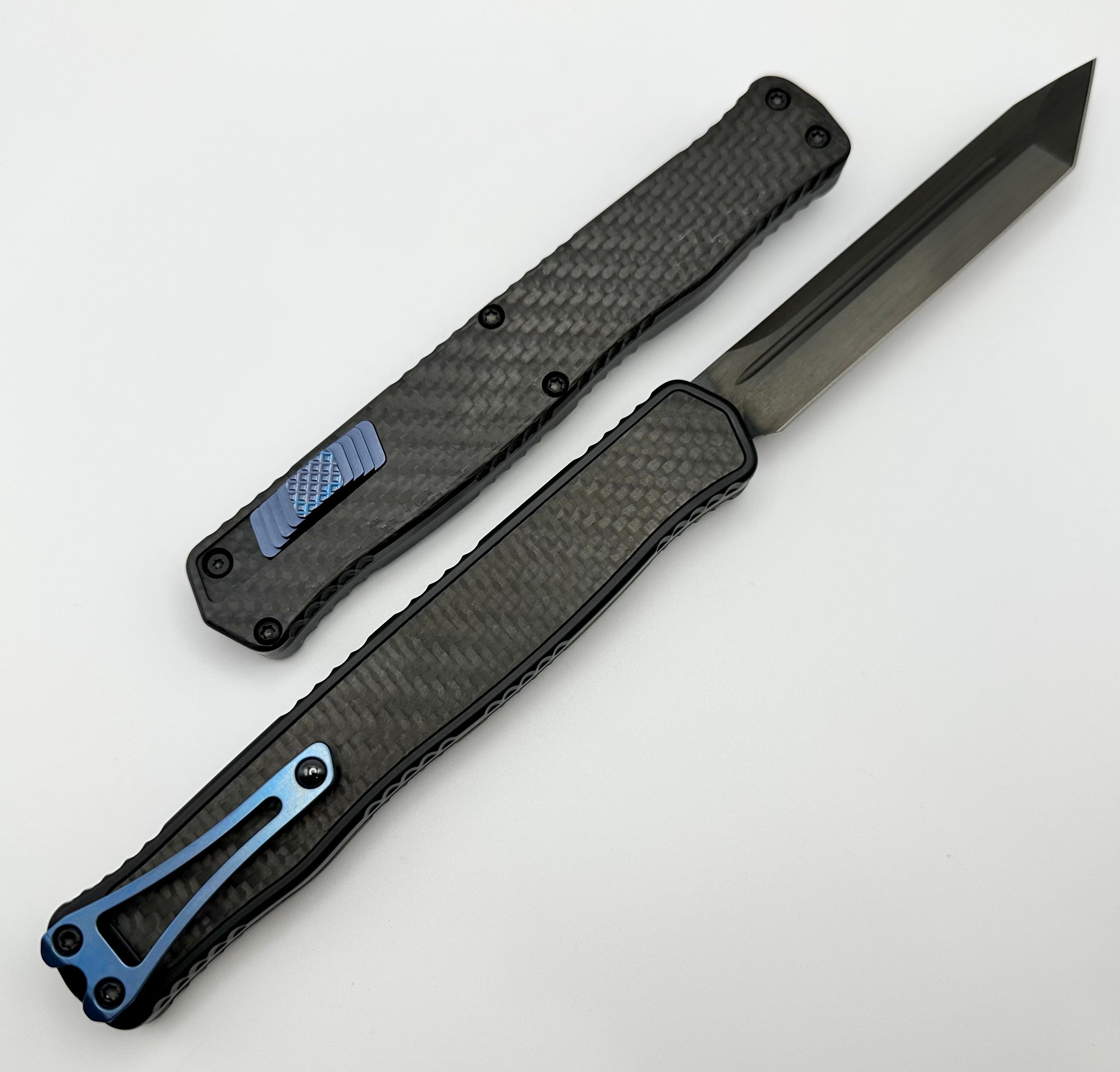 Premium Heretic Knives Cleric II Tanto - Carbon Fiber & Blue Titanium Edition