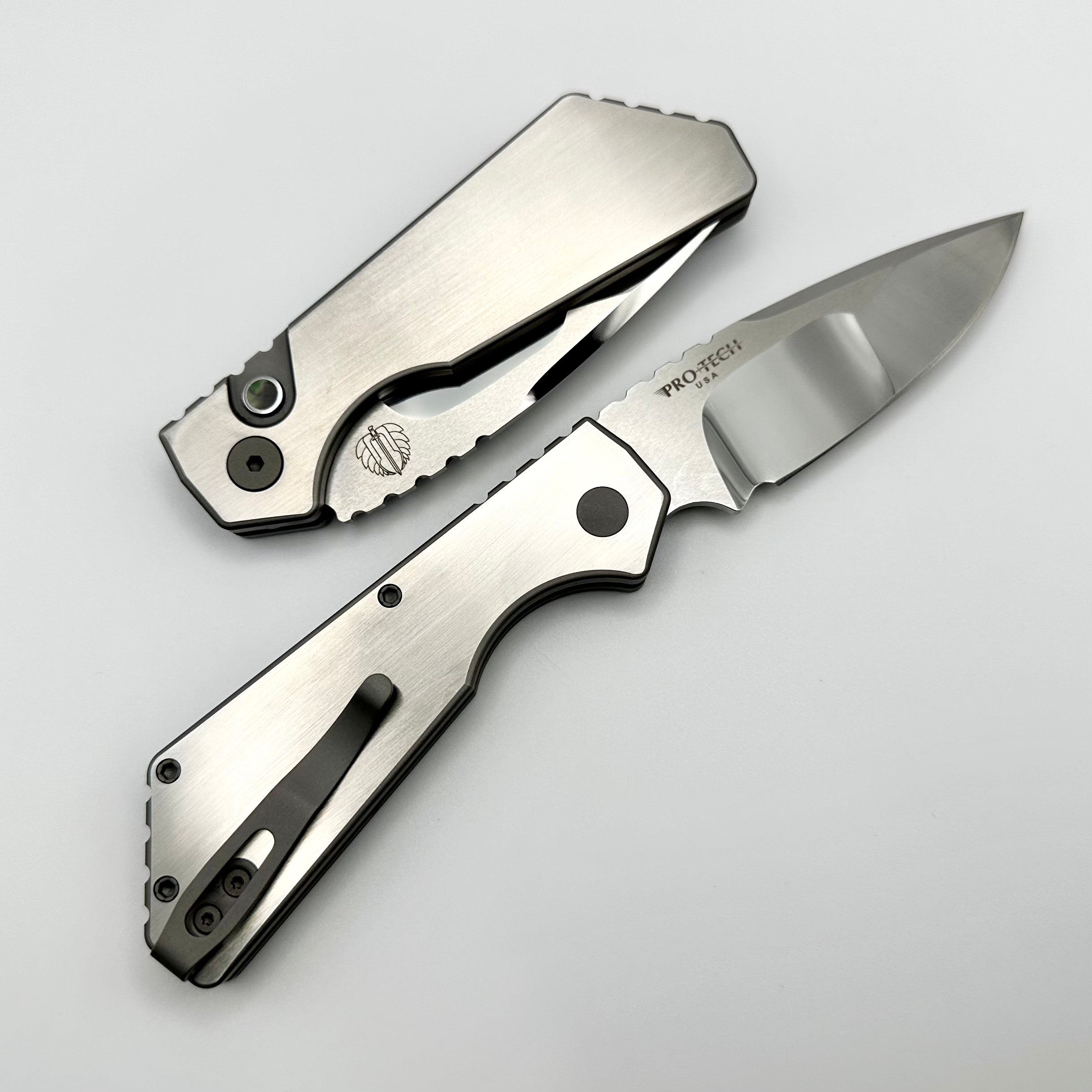 Pro-Tech PT Plus Custom Knife - Premium Satin/Blasted Handle with Black Lip Pearl Button & Mirrored Blade