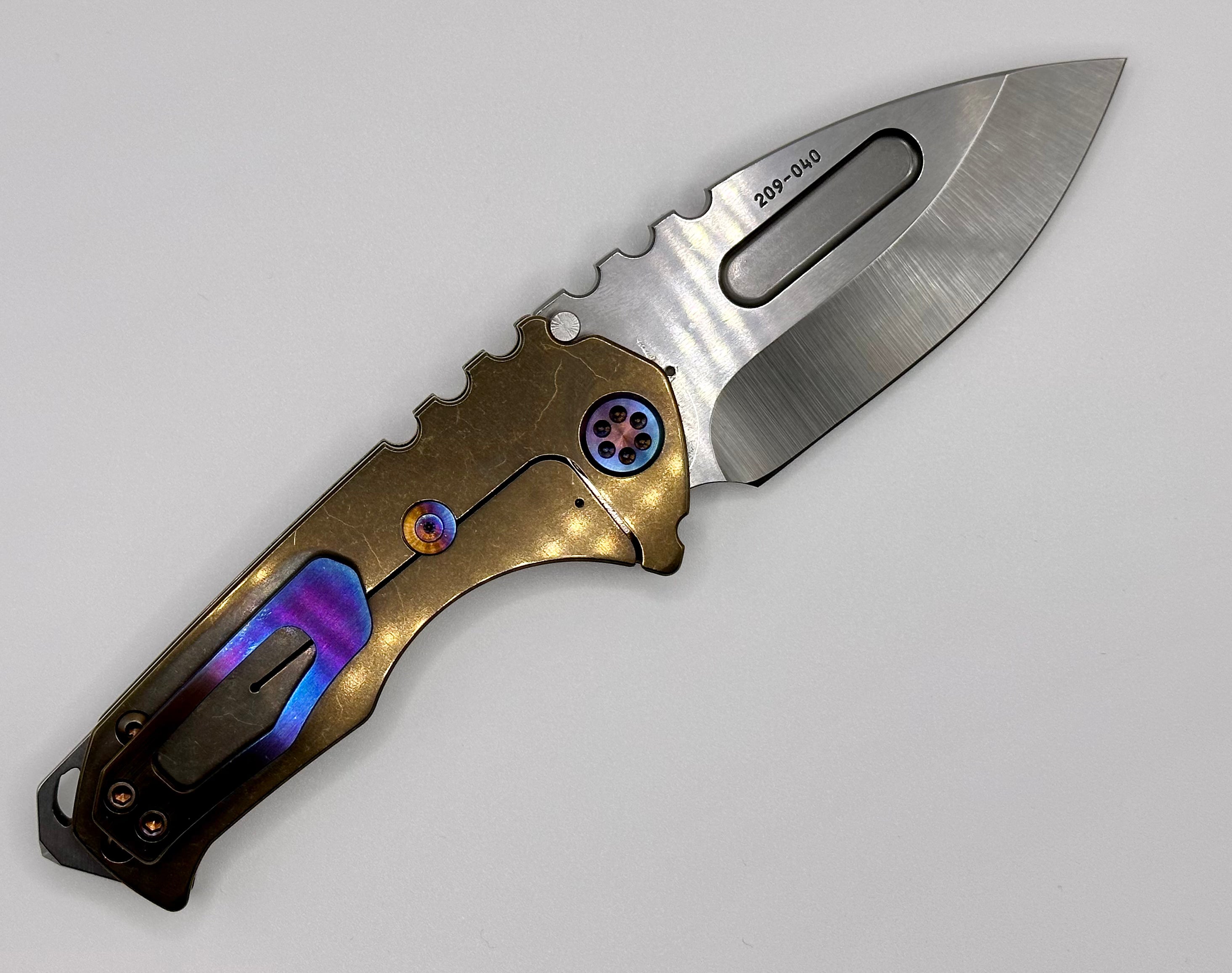 Medford Praetorian Genesis T S35VN Tumbled Drop Point Knife with Bronze Handles & Flamed Hardware