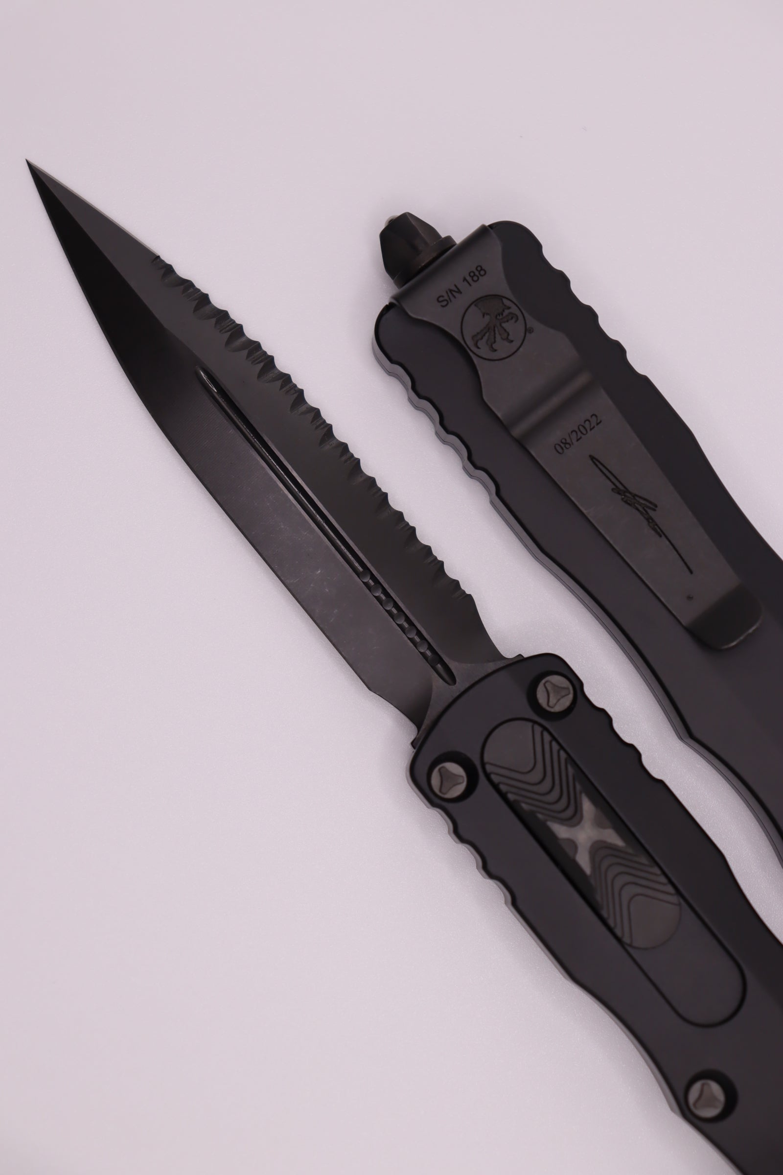 Microtech Dirac Delta Premium OTF Knife - Double Edge DLC Shadow Fully Serrated