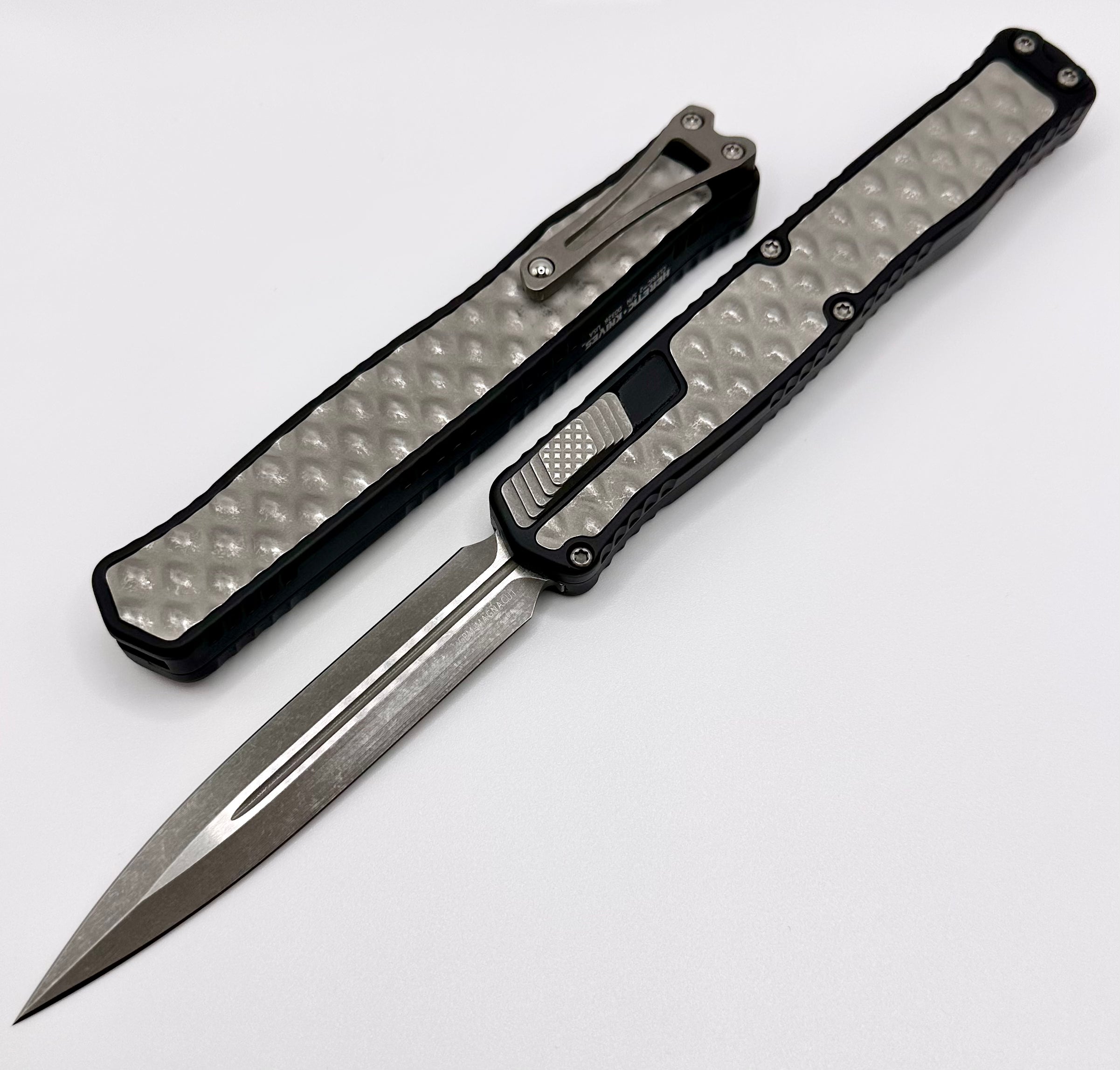 Heretic Knives Cleric II Battleworn Magnacut Double Edge Knife with Premium Stainless Bubble Inlays