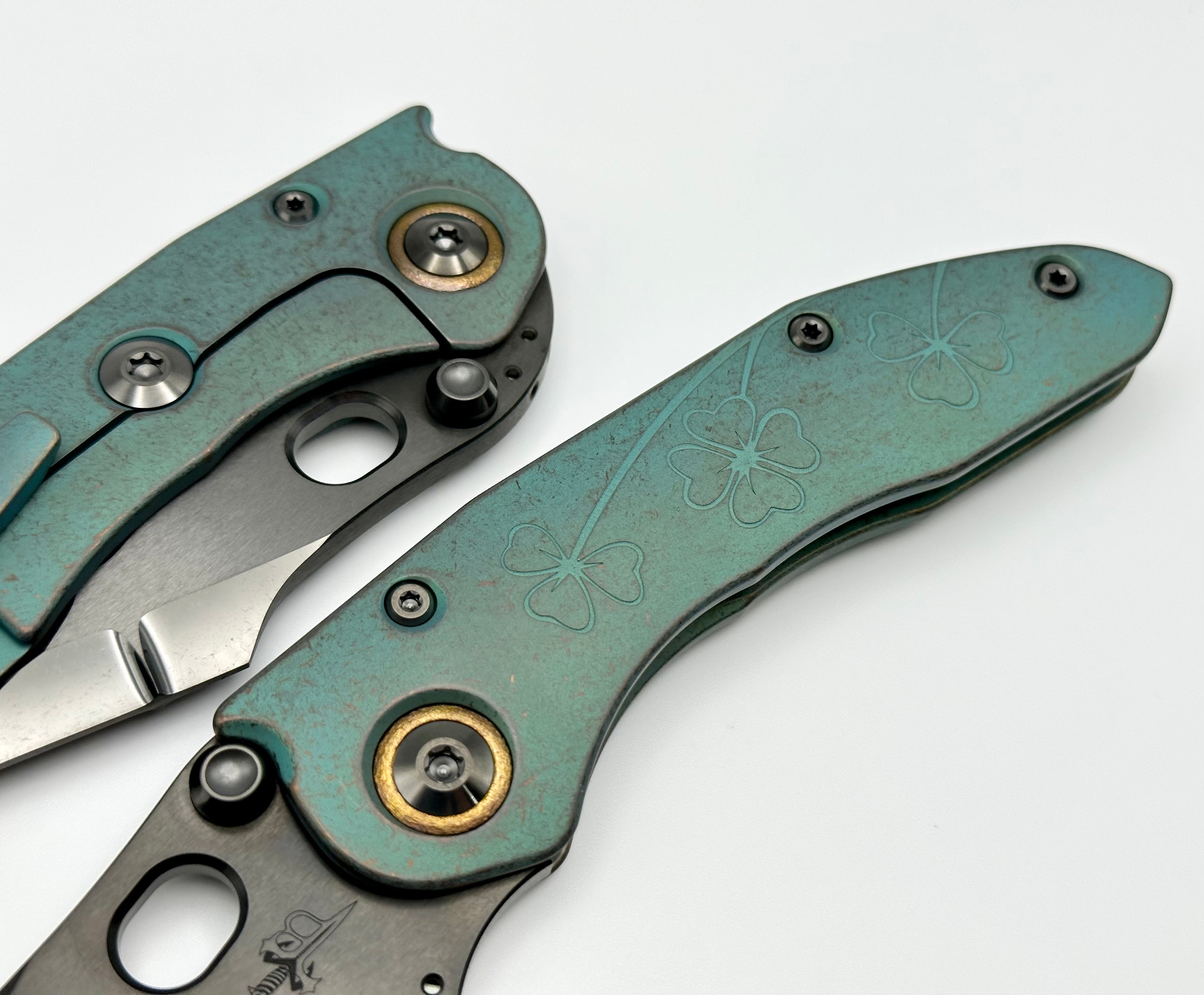 Premium Marfione Custom Knives & Borka Blades Antique Green Lucky Stitch Trit Inlaid with DLC Cracked Diamond Wash Double Star Grind M390 & Engraved Titanium