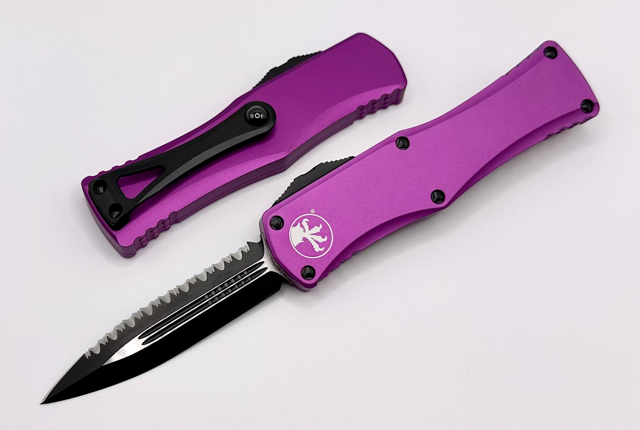 Premium Microtech Hera Black Double Edge Knife - Full Serrated & Violet Finish