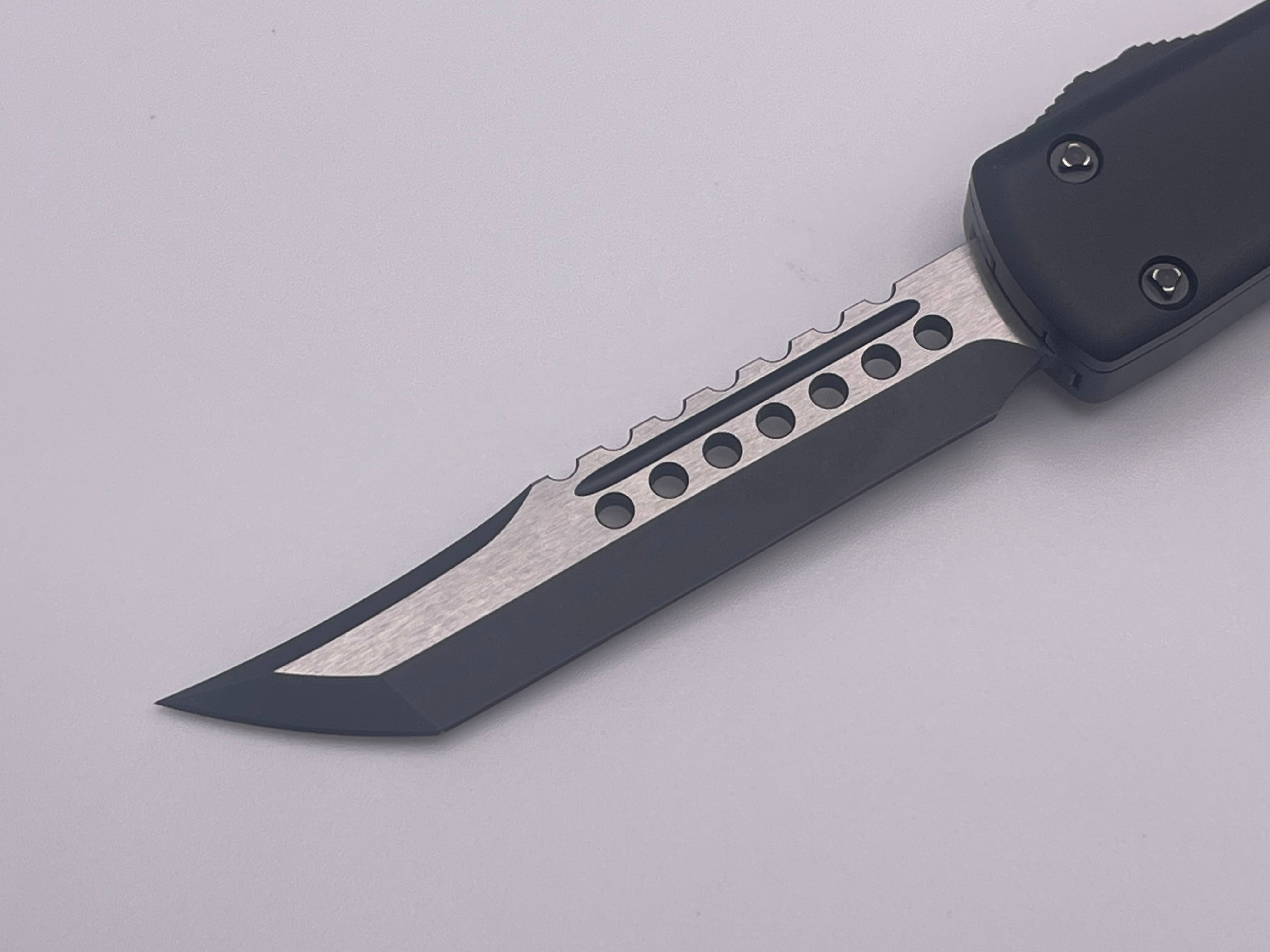 Premium Pre-Owned Microtech UTX-70 Hellhound Shadow DLC Two-Tone Knife with Ringed DLC Hardware